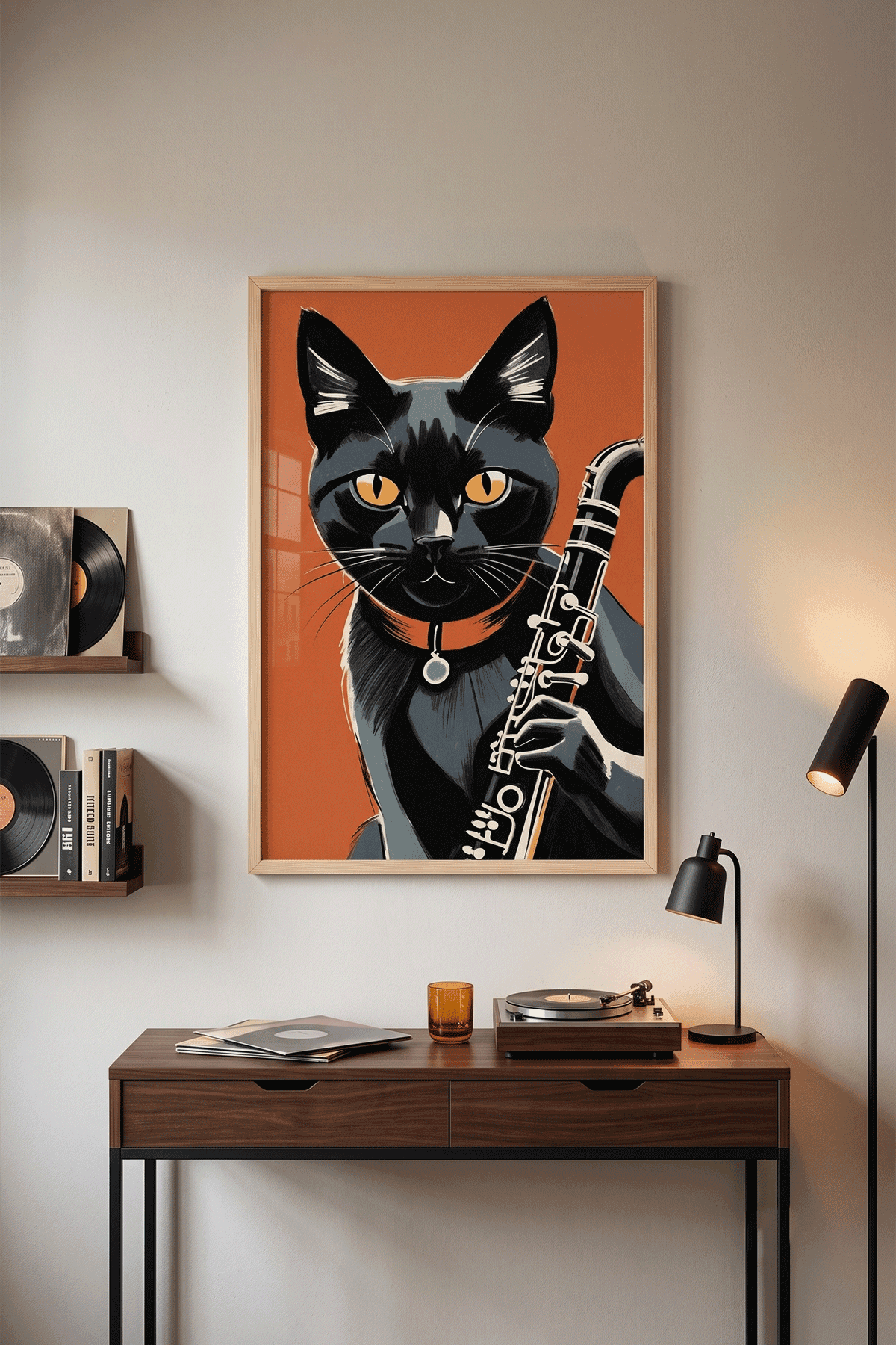 Klarnetçi Kedi — Müzisyen Kedi Tablosu