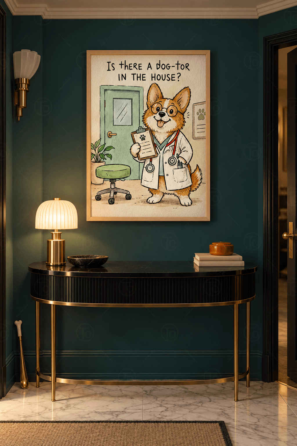 Ahşap çerçeveli köpek tablosu — beyaz önlüklü, gözlüklü ve stetoskoplu corgi, pati izli dosya ve yeşil kapı