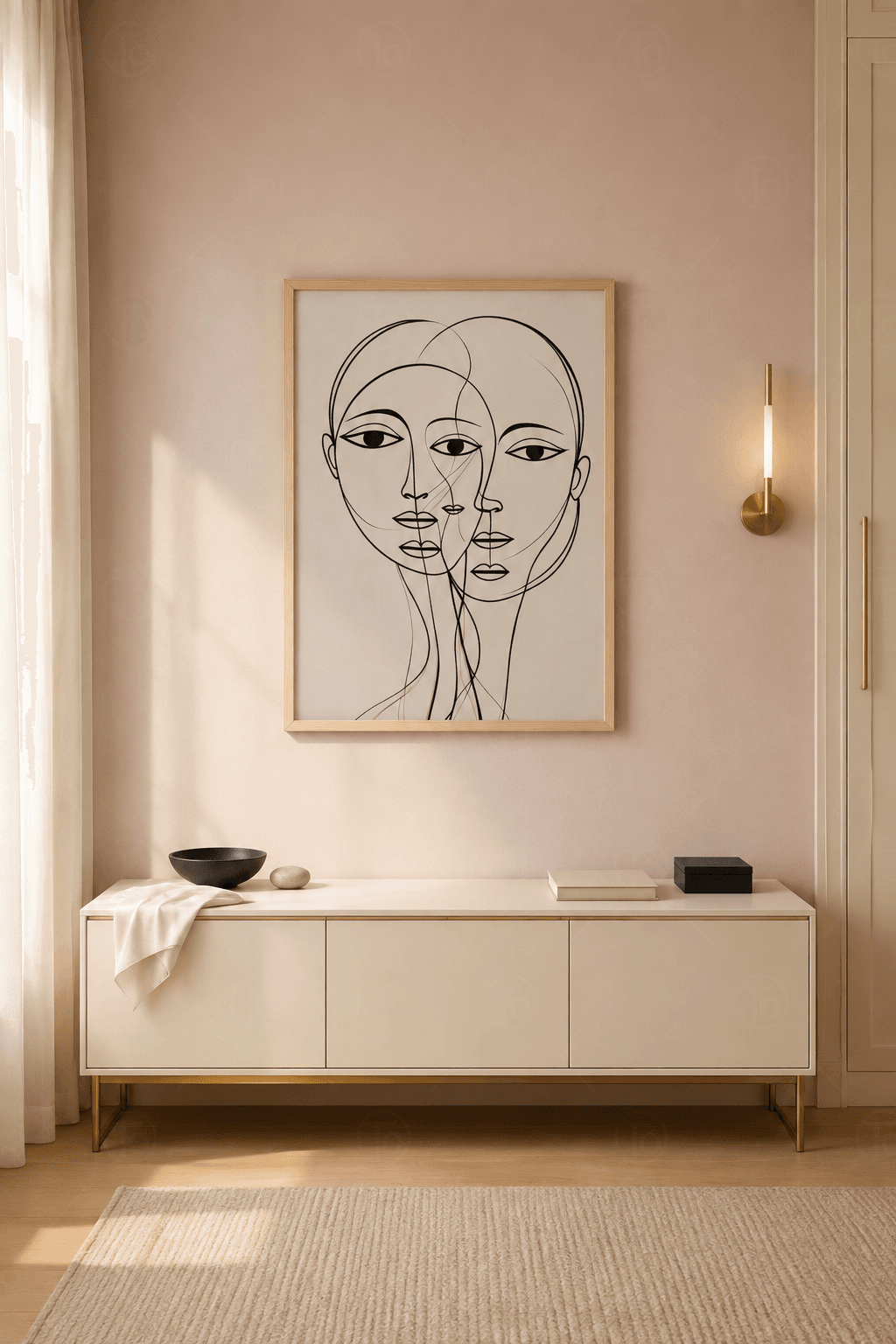 Ahşap çerçeveli line art tablo — krem zeminde ince siyah konturla çizilmiş toplanmış saçlı kadın profili