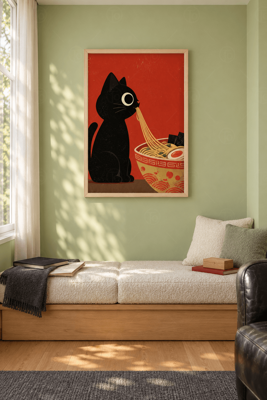 Ahşap çerçeveli kara kedi tablosu — kırmızı zeminde krem-sarı desenli kâseden ramen eriştelerini çeken siyah kedi