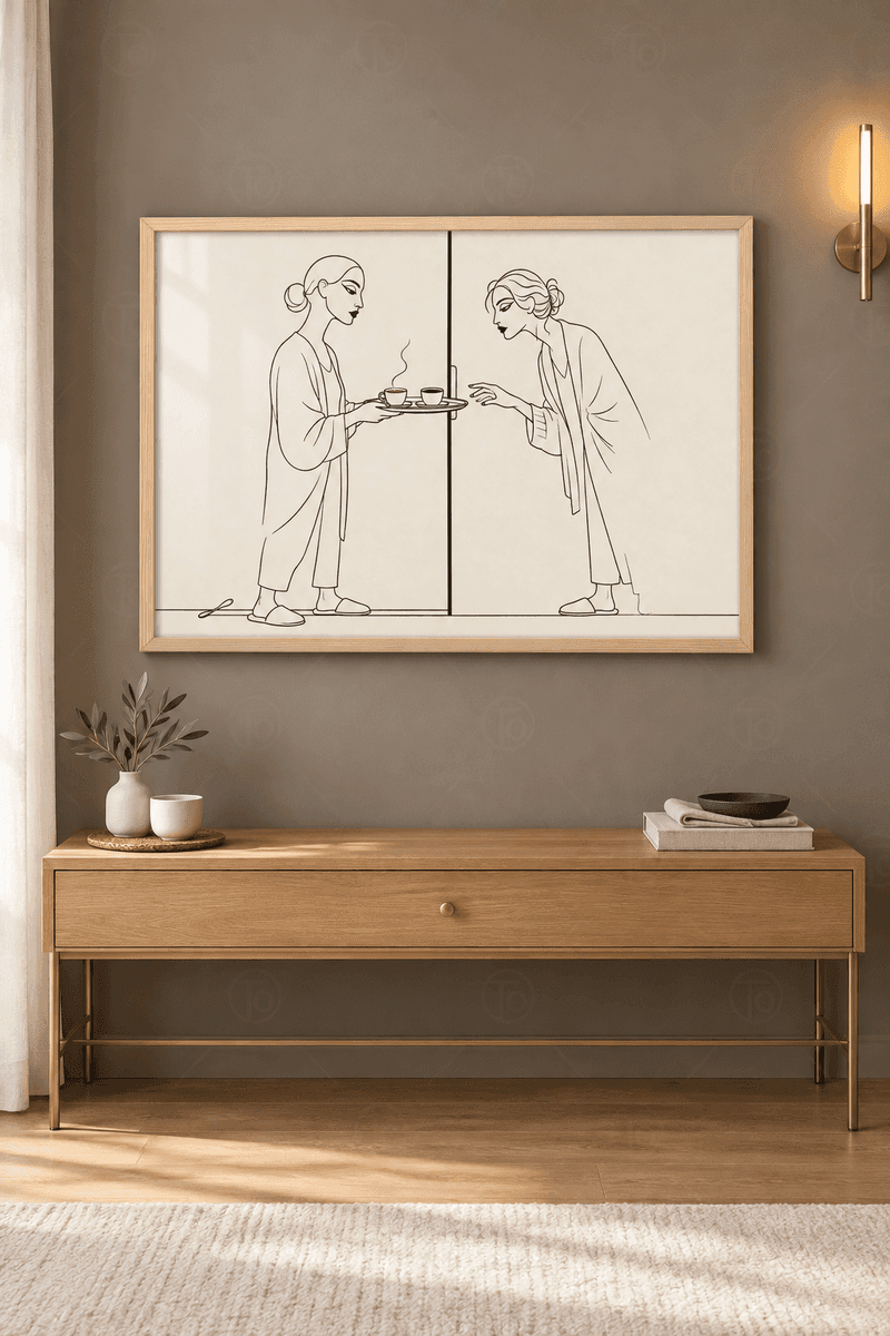 Ahşap çerçeveli line art tablosu — tek çizgiyle kapı eşiğinde tepsiyle çay ikram eden ve alan iki kadın
