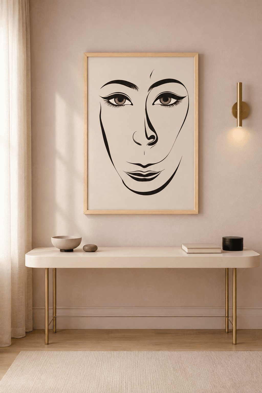 Ahşap çerçeveli line art tablo — krem zeminde birbirine bakan iki kadın profili ince siyah konturla çizilmiş
