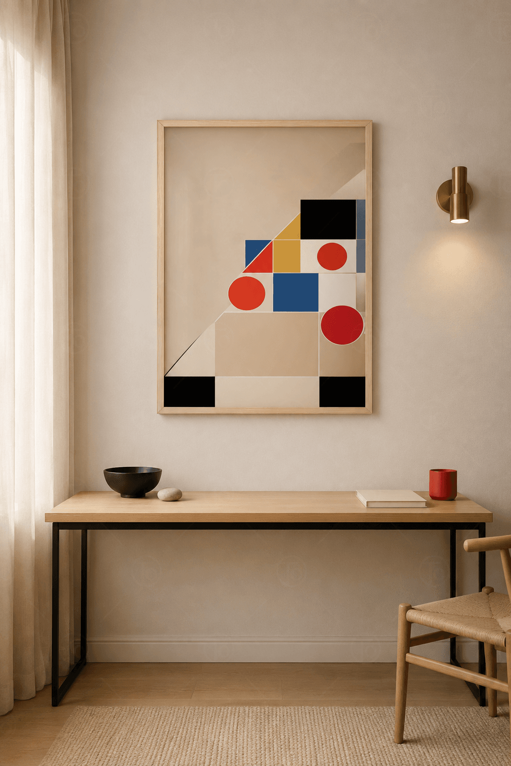 Ahşap çerçeveli geometrik tablo — krem zeminde gece mavisi yarım daire, hardal sarısı kare ve terrakota ince şerit