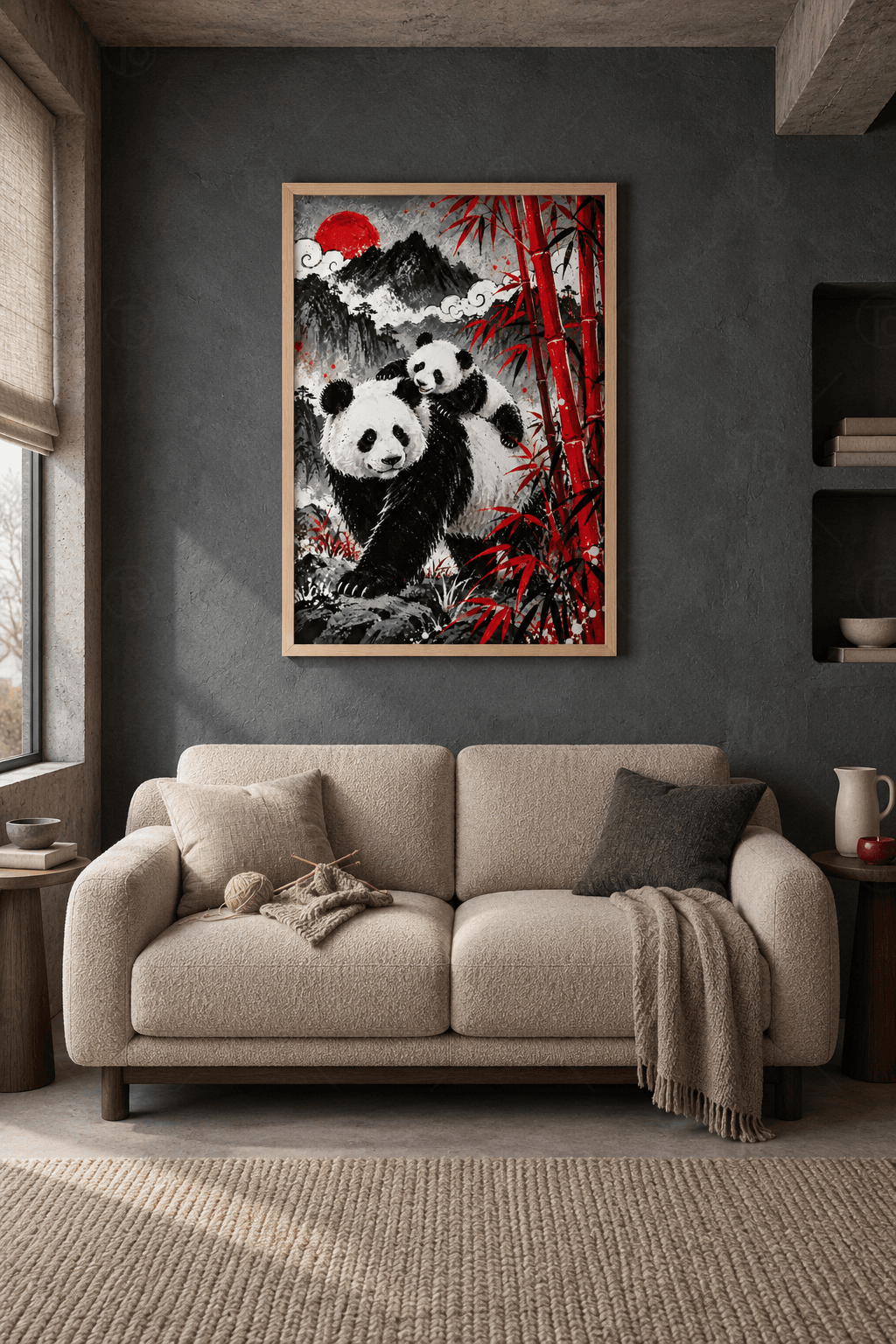 Ahşap çerçeveli panda tablosu — sırtında yavrusuyla yürüyen dev panda, kırmızı güneş ve kırmızı bambular