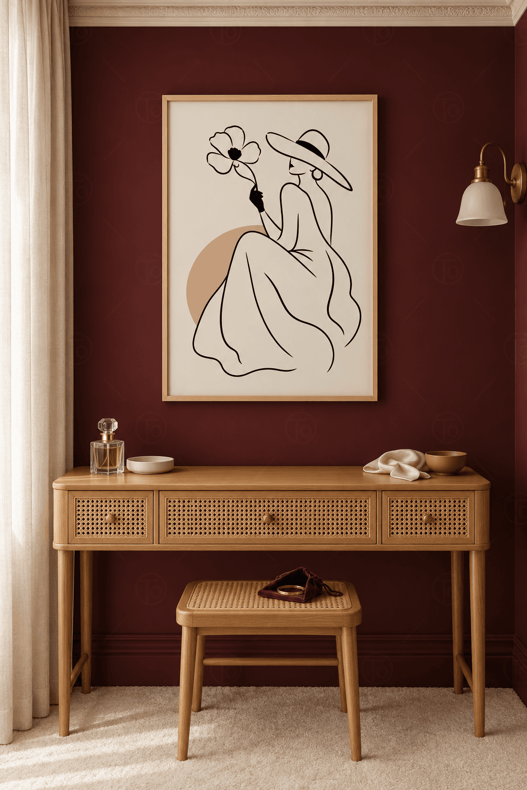 Ahşap çerçeveli line-art tablo — krem zeminde geniş şapkalı, siyah eldivenli elinde iri bir çiçek tutan kadın