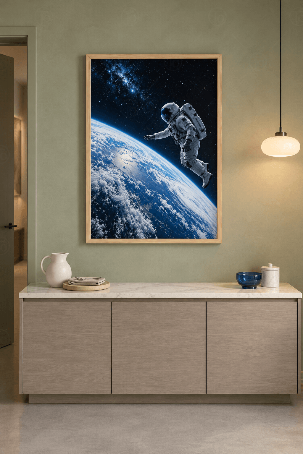 Ahşap çerçeveli astronot tablosu — bulutlu mavi Dünya kavisi üstünde bir kolunu uzatıp süzülen beyaz giysili astronot