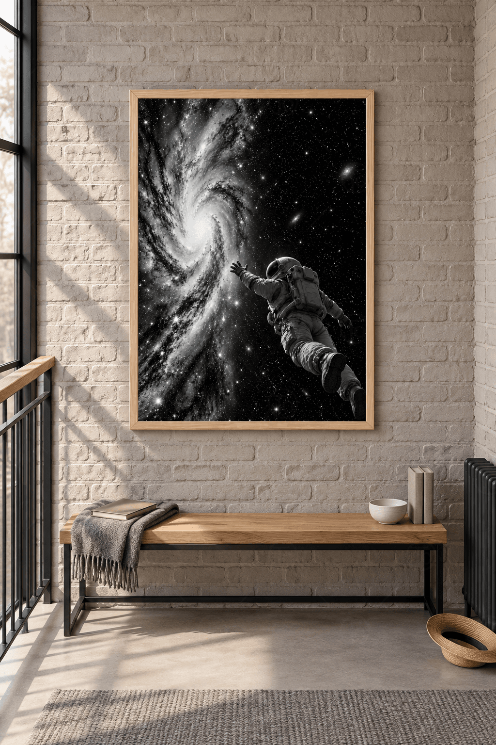 Ahşap çerçeveli astronot tablosu — gri tonlarda dev sarmal galaksiye elini uzatan, sırtı dönük süzülen astronot