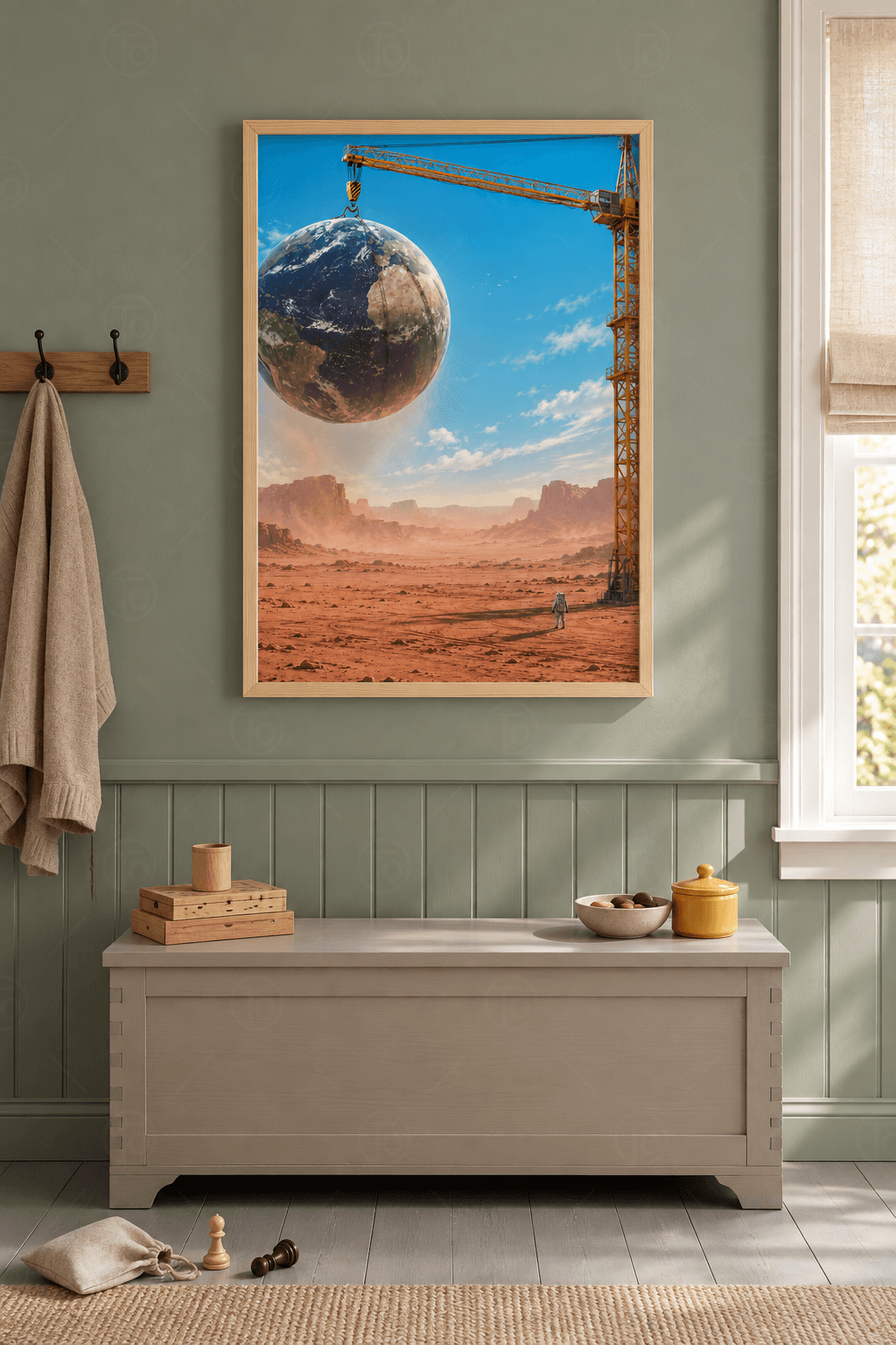Ahşap çerçeveli sürreal Dünya tablosu — sarı kule vincine asılı dev Dünya küresi, kızıl çöl ve küçük astronot