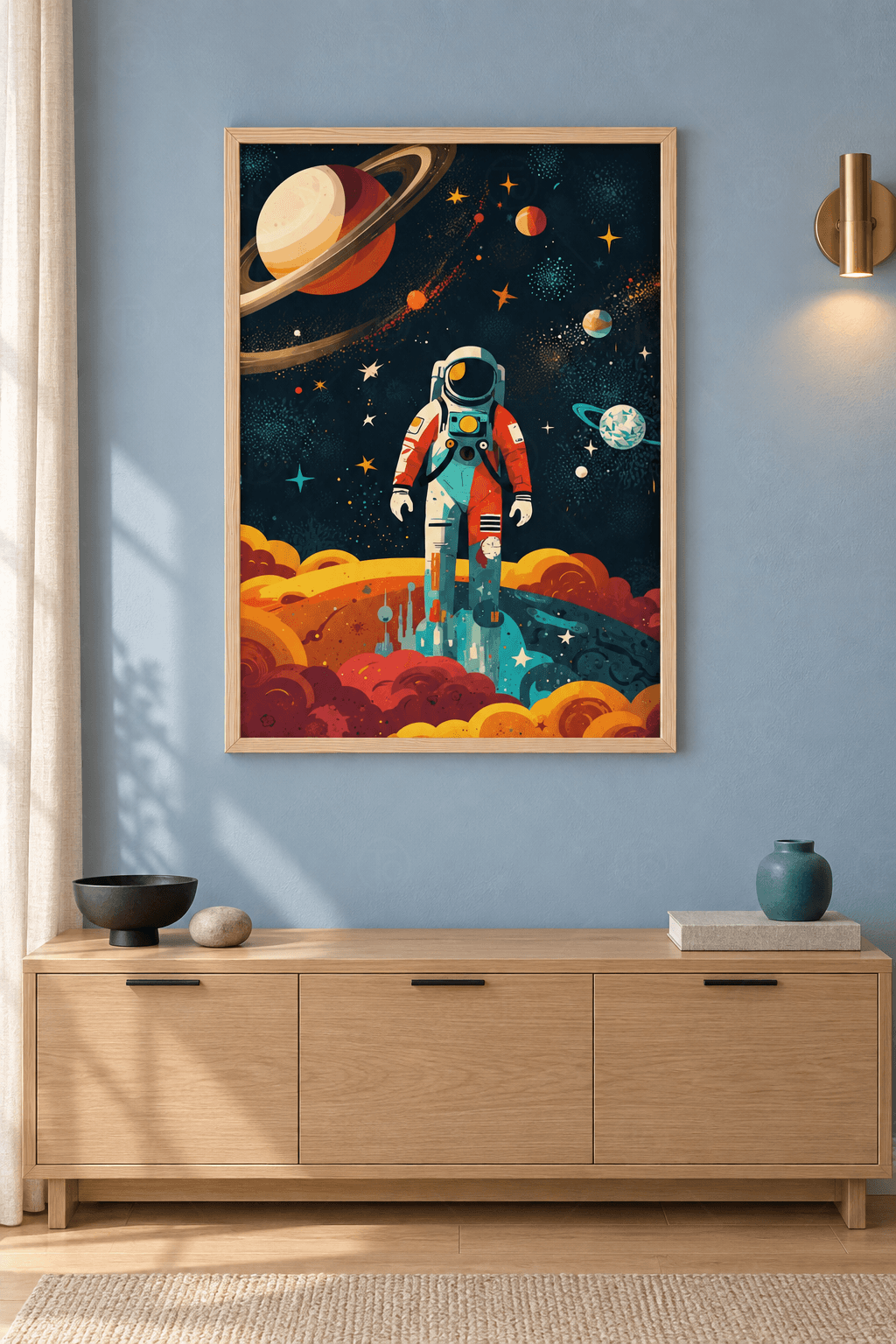 Ahşap çerçeveli uzay tablosu — koyu lacivert uzayda turuncu beyaz giysili astronot süzülüyor, arkasında halkalı gezegen