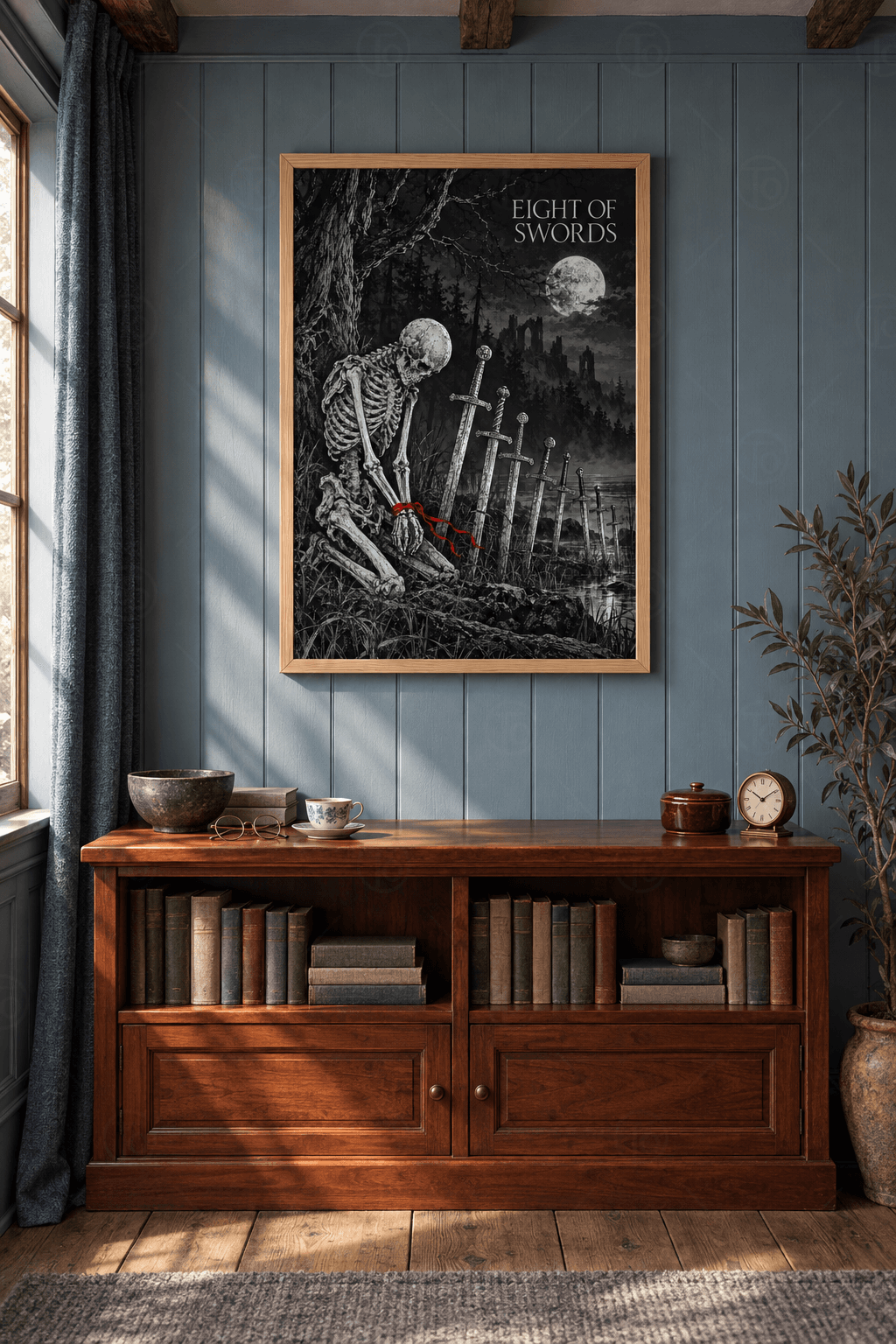 Ahşap çerçeveli tarot iskelet tablosu — bilekleri kırmızı kurdeleli iskelet, sekiz kılıç, dolunay ve yıkık kale
