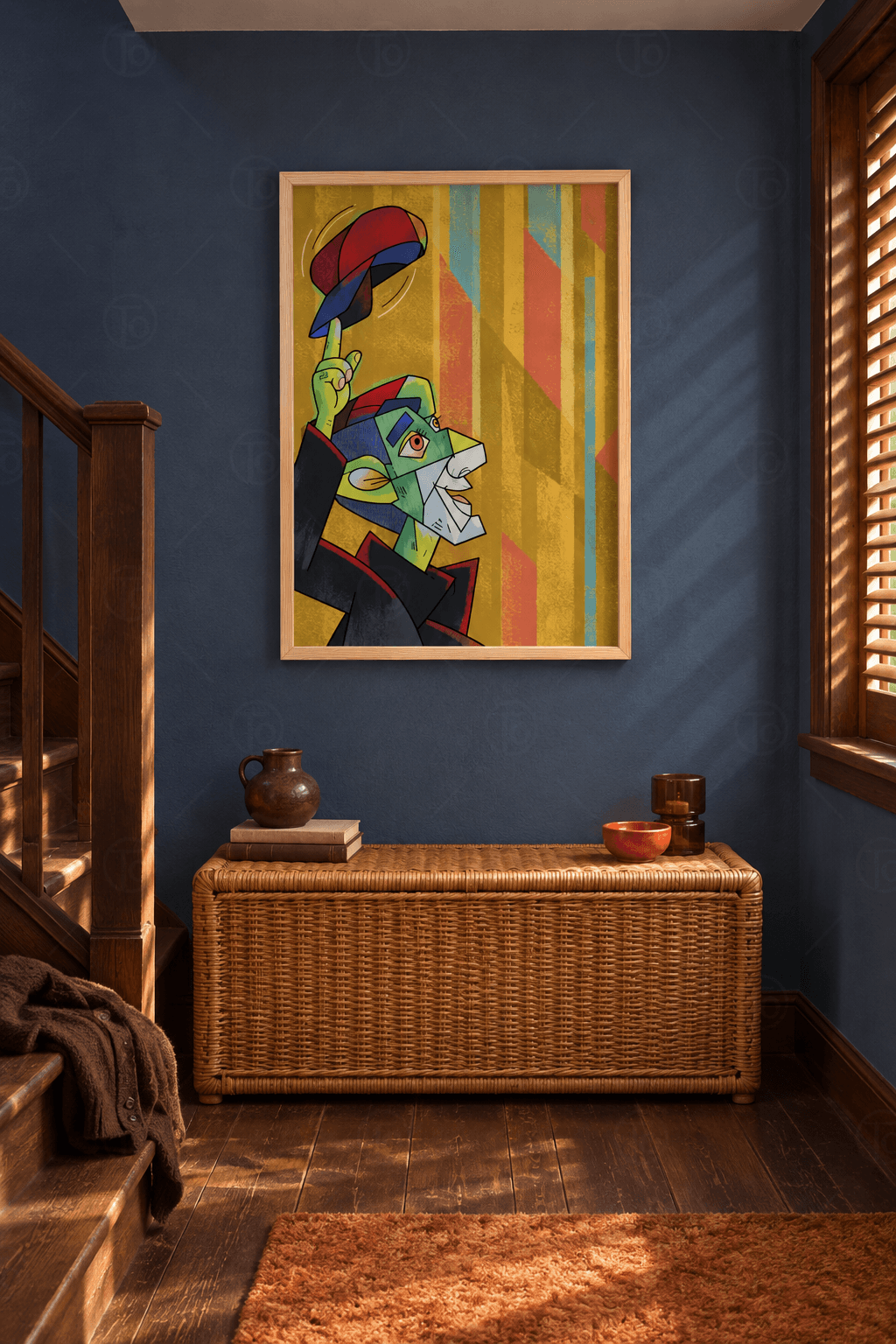 Ahşap çerçeveli pop art tablo — hardal şeritli zeminde parmağında kırmızı-lacivert şapka çeviren kübist figür