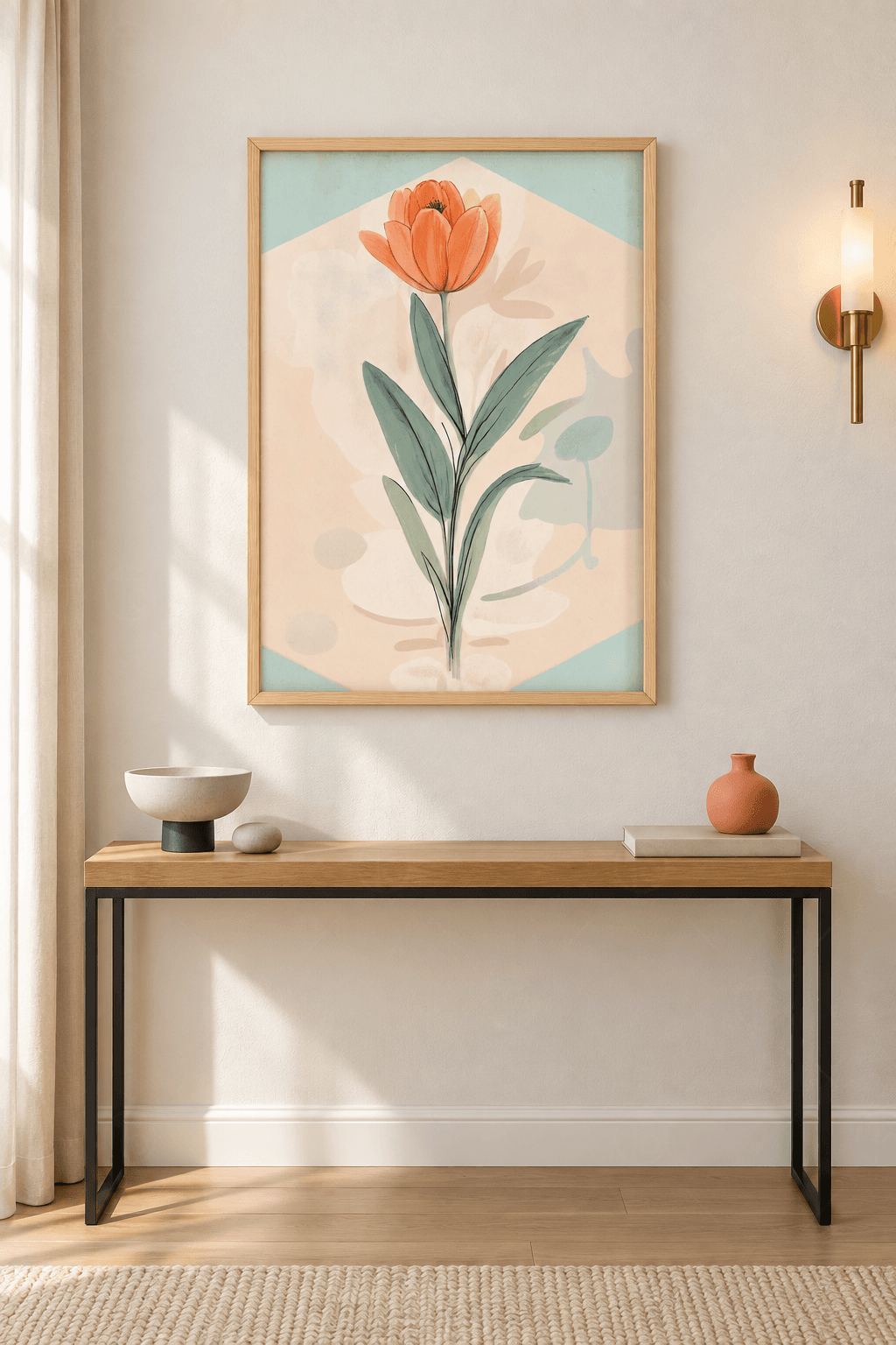 Ahşap çerçeveli botanik tablo — nane yeşili ve pudra renk alanları önünde tek mercan lale ve uzun yeşil yapraklar