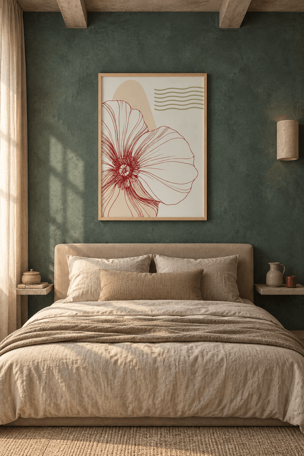 Ahşap çerçeveli line-art çiçek tablosu — açık krem zeminde kırmızı çizgili iri çiçek, bej kemer ve zeytin yeşili dalgalar