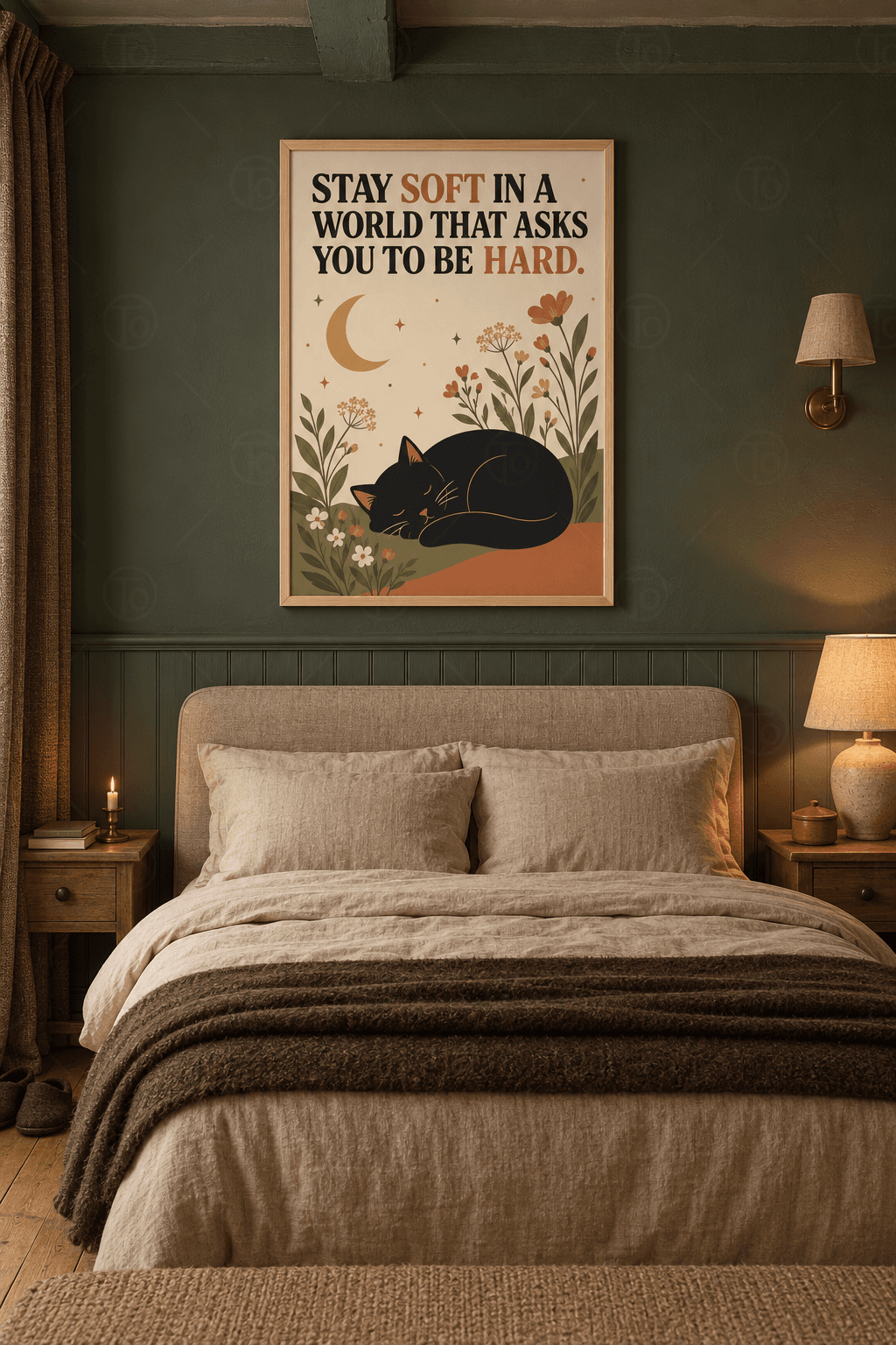 Ahşap çerçeveli kedi tablosu — Stay Soft sözünün altında kır çiçekleri arasında kıvrılıp uyuyan kara kedi ve hilal