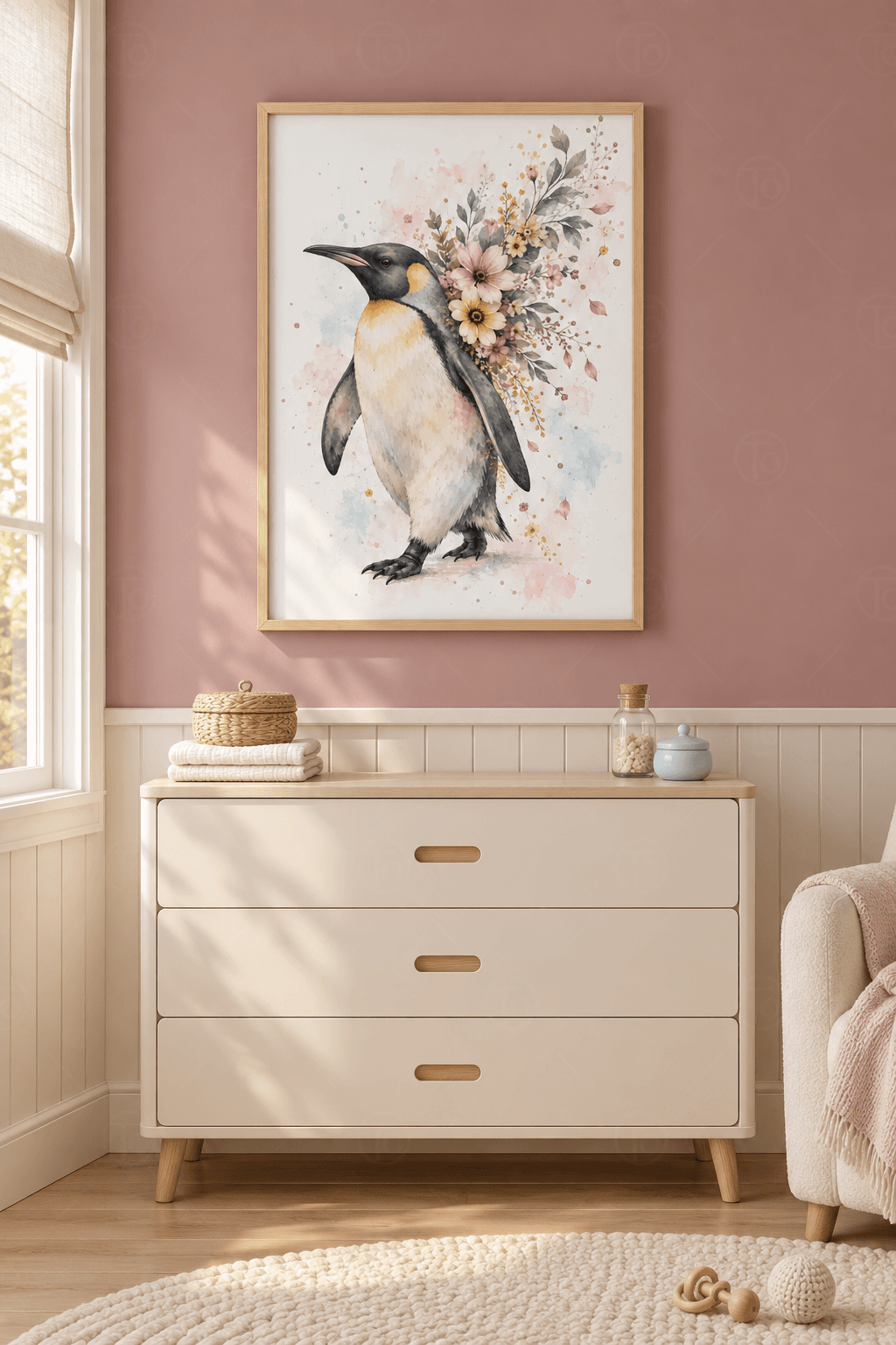 Ahşap çerçeveli penguen tablosu — sırtında pembe ve krem çiçek demeti taşıyan penguen, pembe ve mavi sulu boya lekeler