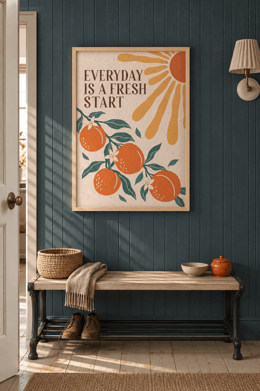 Ahşap çerçeveli motivasyon tablosu — pembe zeminde kahverengi EVERYDAY IS A FRESH START yazısı, güneş ve dört portakal