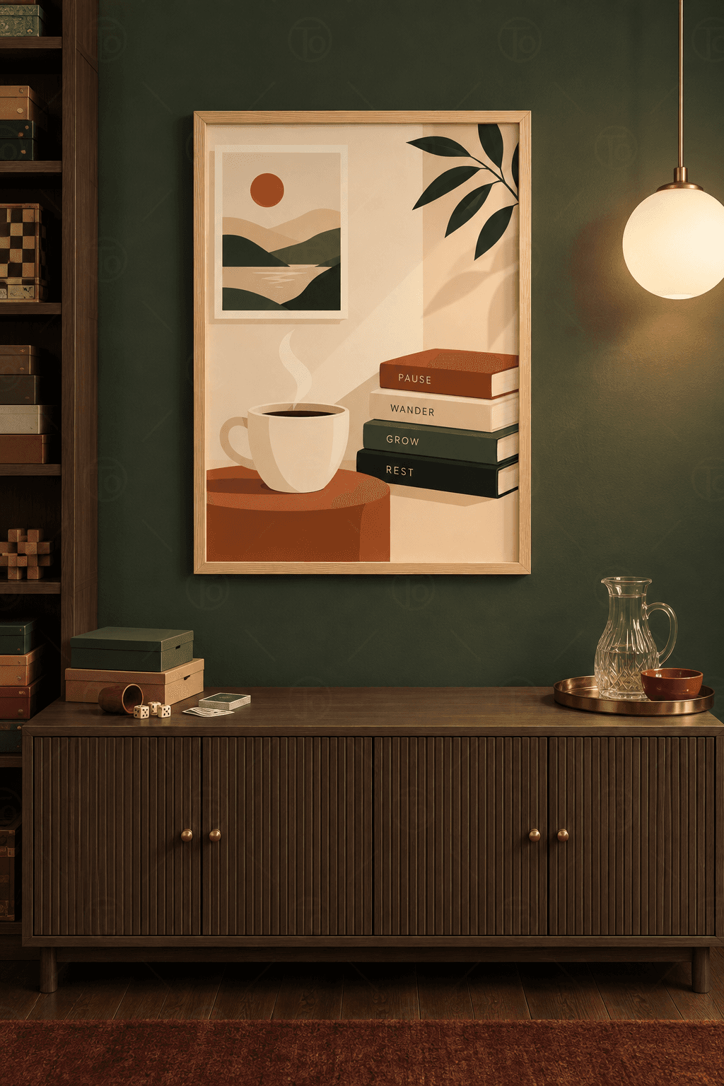 Ahşap çerçeveli kahve tablosu — kiremit sehpada buharı tüten fincan, PAUSE, WANDER, GROW, REST yazılı kitaplar ve yapraklar