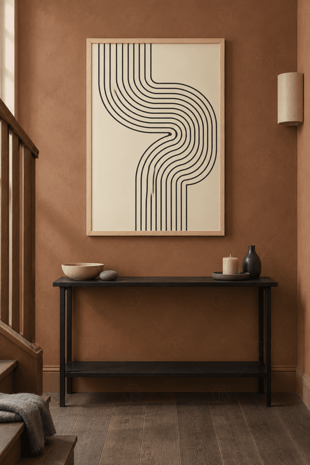 Ahşap çerçeveli line art soyut tablo — krem zeminde on bir ince antrasit çizginin eşit aralıkla çizdiği büyük S kıvrımı