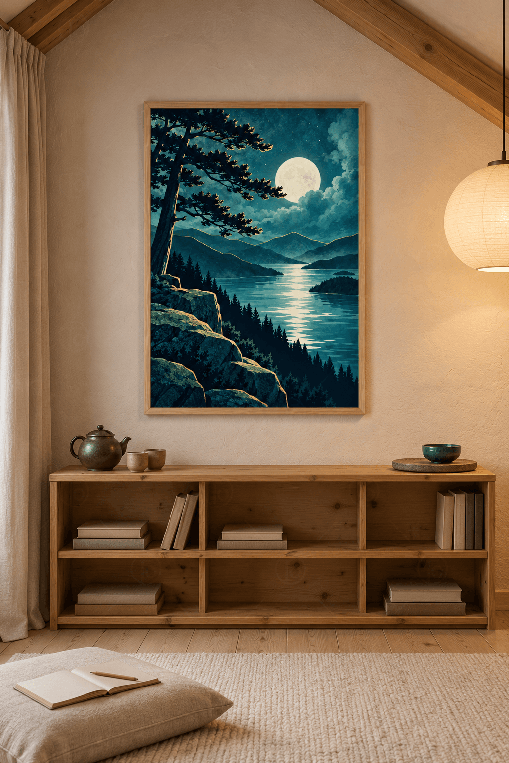 Ahşap çerçeveli gece gölü tablosu — sol kayalıkta uzun çam, sağ üstte dolunay, ışıklı göl ve ormanlık adacıklar