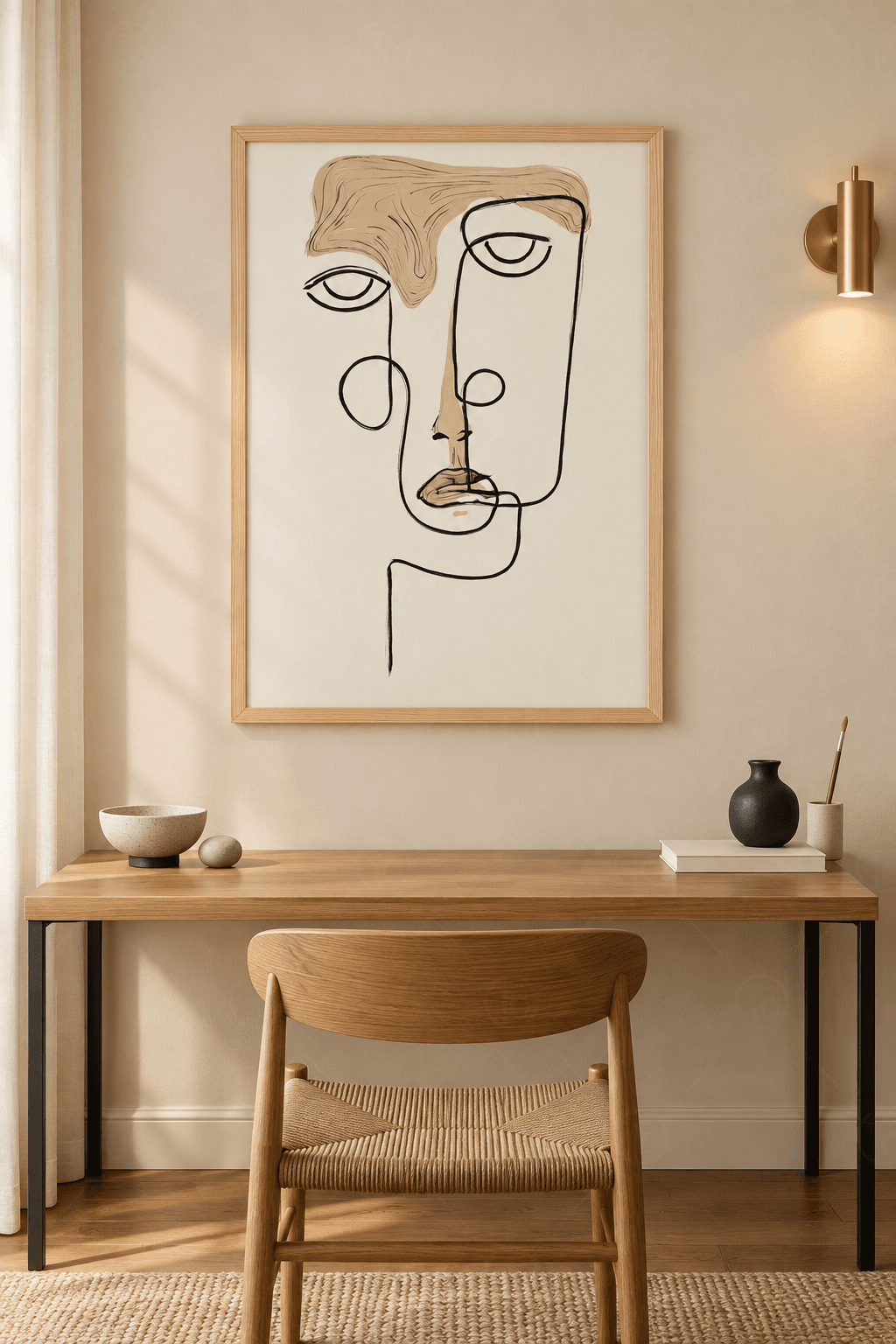 Ahşap çerçeveli line art tablo — kırık beyaz zeminde ince kahve konturlarla çizilmiş iç içe geçen iki yüz