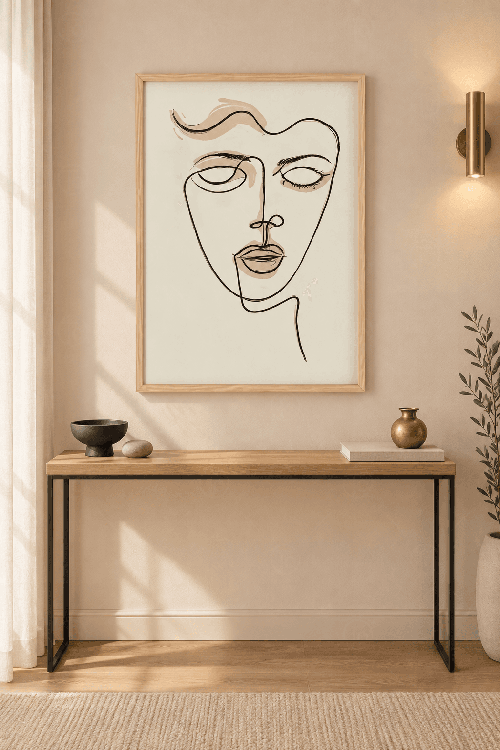 Ahşap çerçeveli line art tablo — kırık beyaz zeminde ince kahve konturla çizilmiş gözleri kapalı yüz