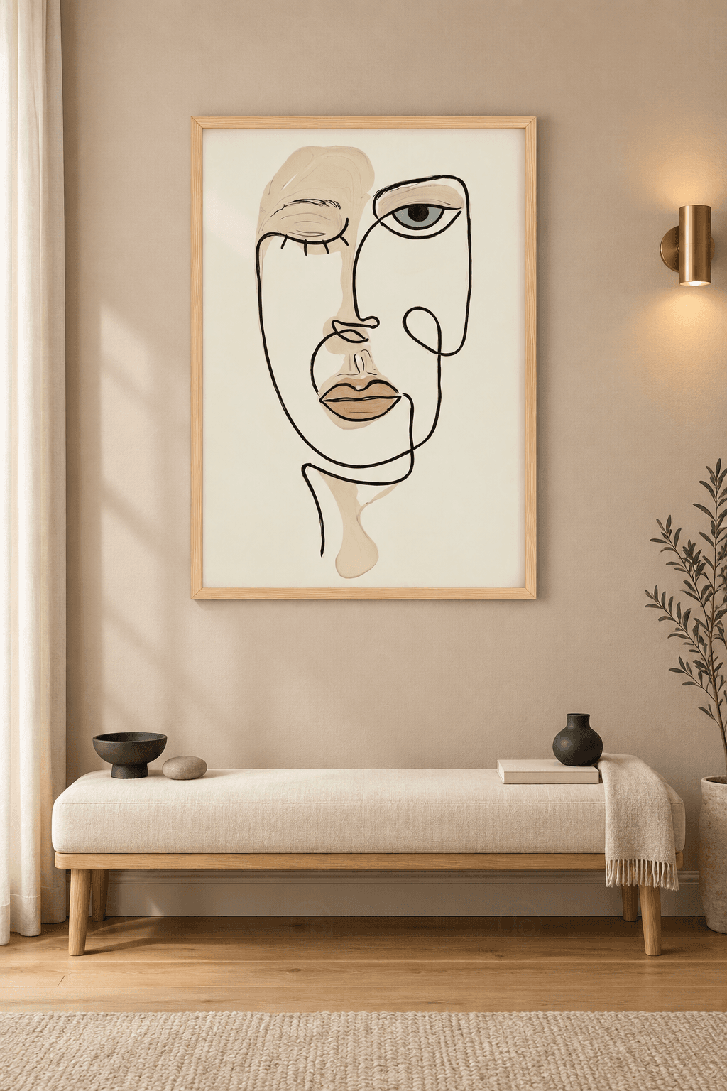 Ahşap çerçeveli line art tablo — kırık beyaz zeminde ince kahve konturla çizilmiş yüz ve gri lekeyle boyalı tek göz