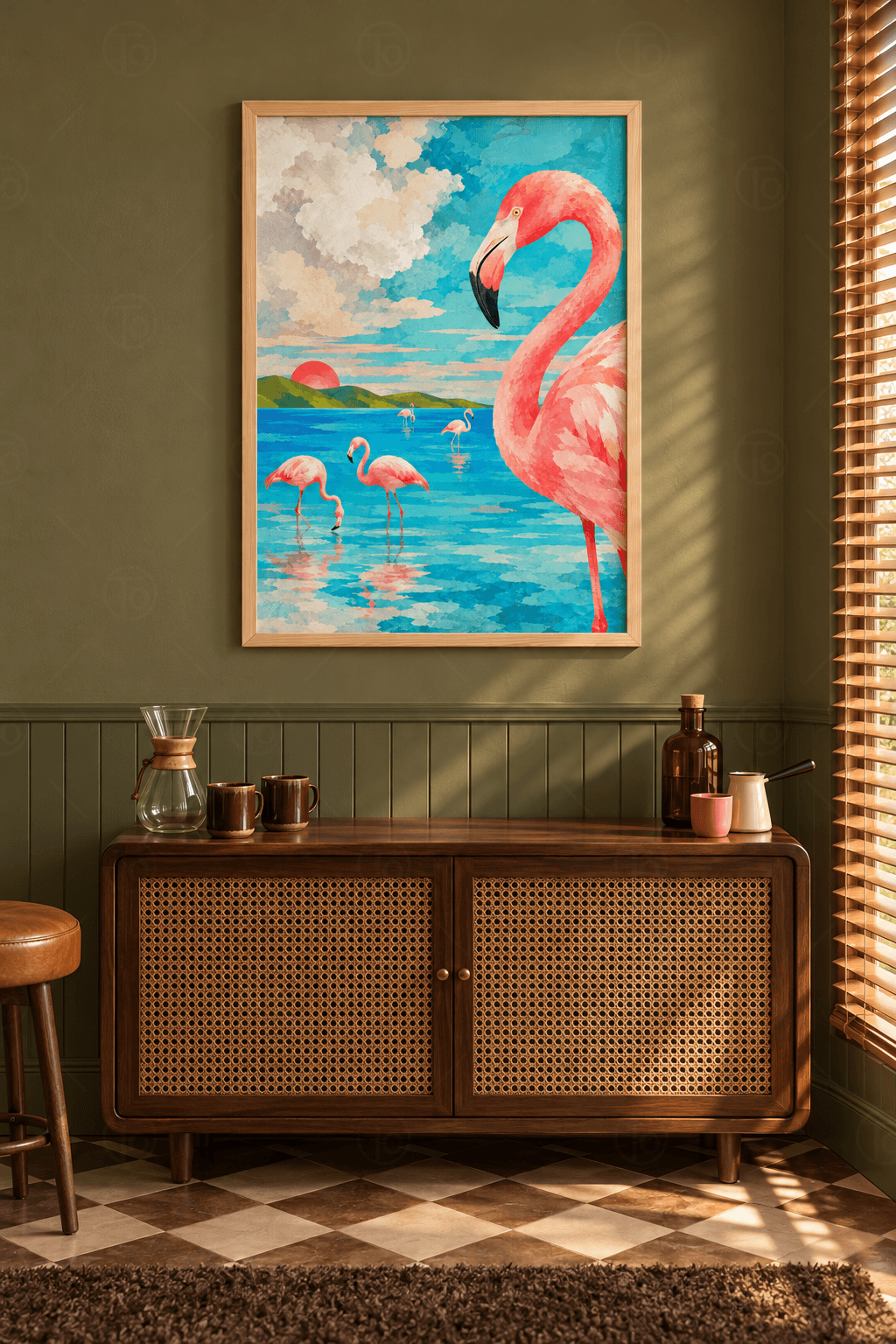 Ahşap çerçeveli flamingo tablosu — sağda iri pembe flamingo, turkuaz suda dört küçük flamingo ve ufukta kızıl güneş