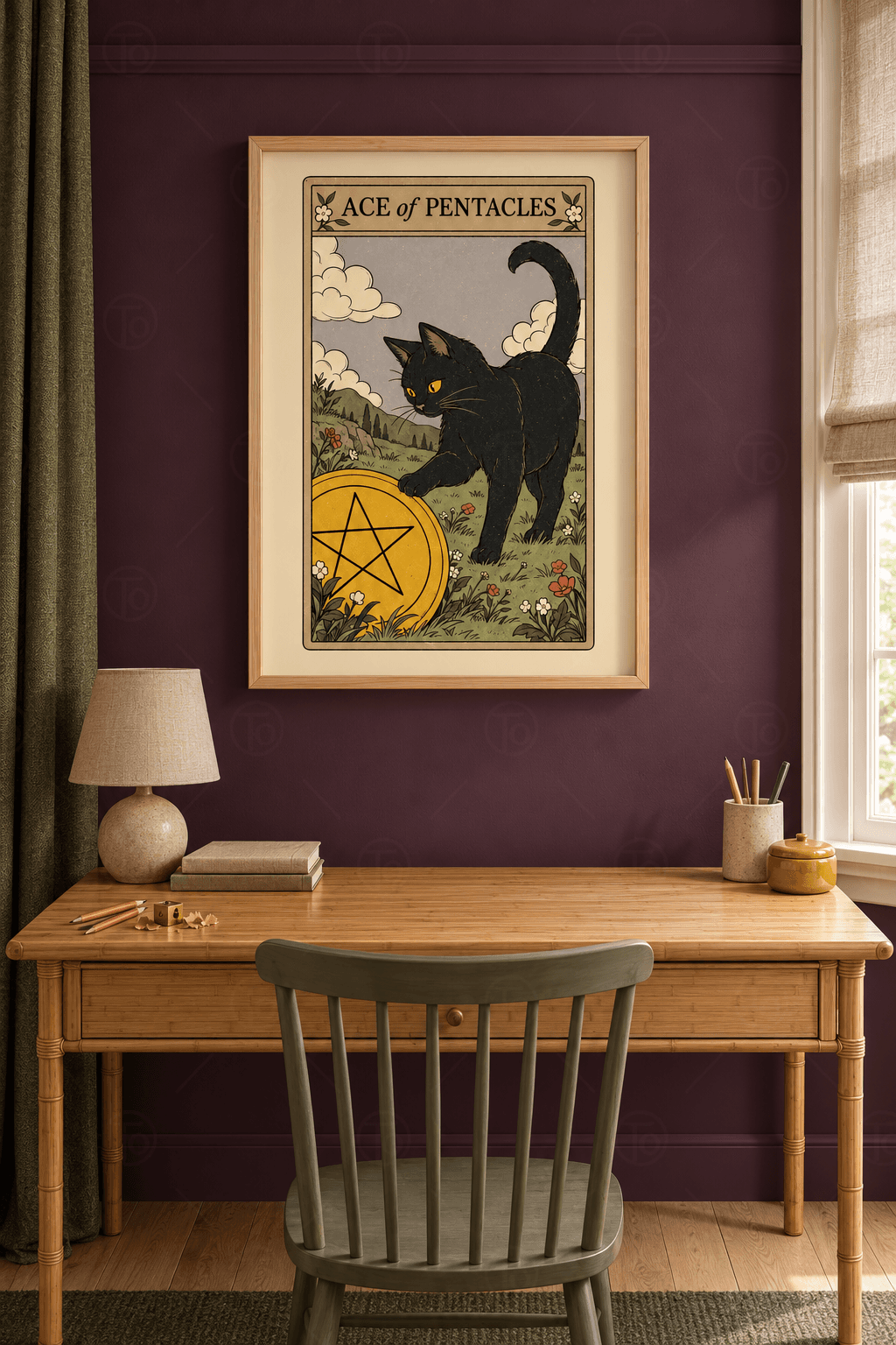 Ahşap çerçeveli kara kedi tablosu — Ace of Pentacles kartında çiçekli çayırda dev altın sikkeye pati koyan kedi
