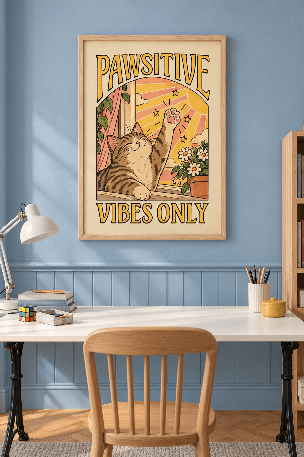 Ahşap çerçeveli kedi tablosu — Pawsitive Vibes Only yazısı, pencerede güneşe pembe patisini kaldıran gülümseyen tekir kedi