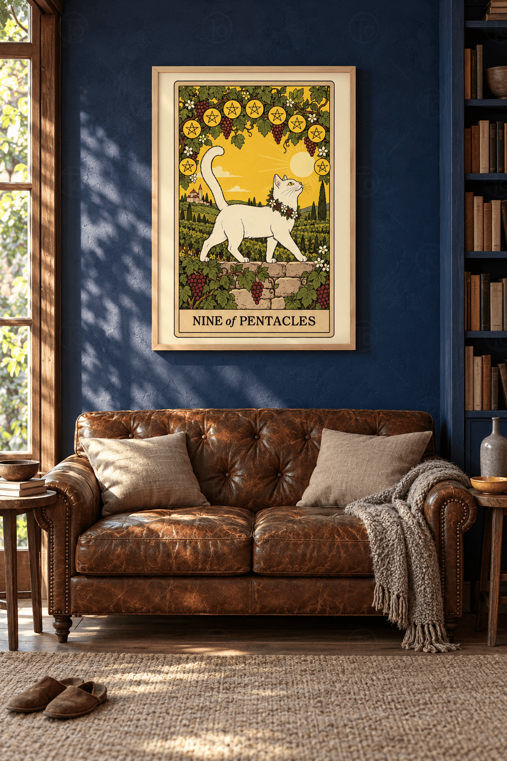 Ahşap çerçeveli Nine of Pentacles kedi tablosu — asmalarda dokuz altın disk, üzüm salkımları ve taş duvarda beyaz kedi