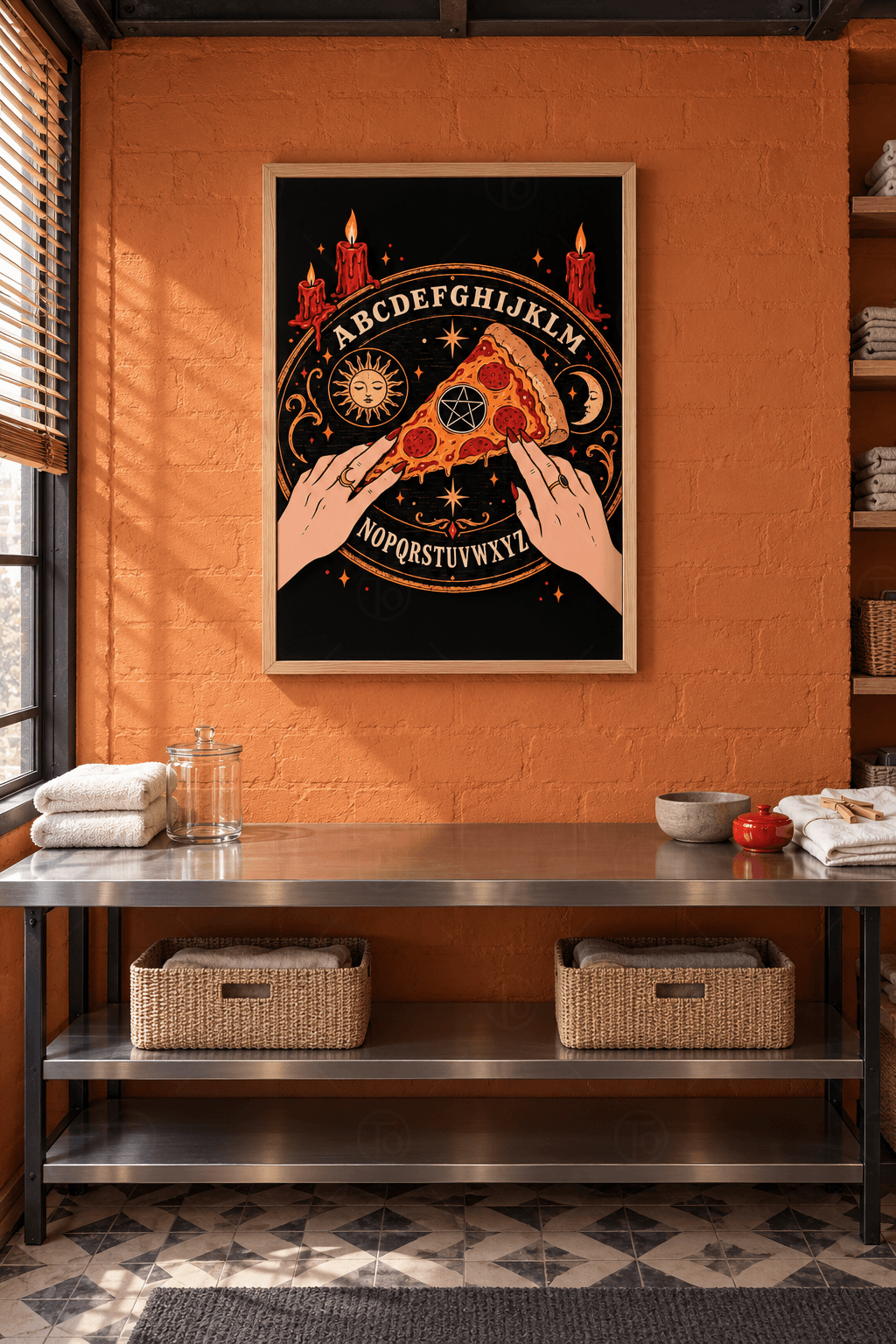 Ahşap çerçeveli pizza tablosu — siyah zeminde harf tahtası üstünde iki elin tuttuğu pizza dilimi, güneş, hilal ve mumlar