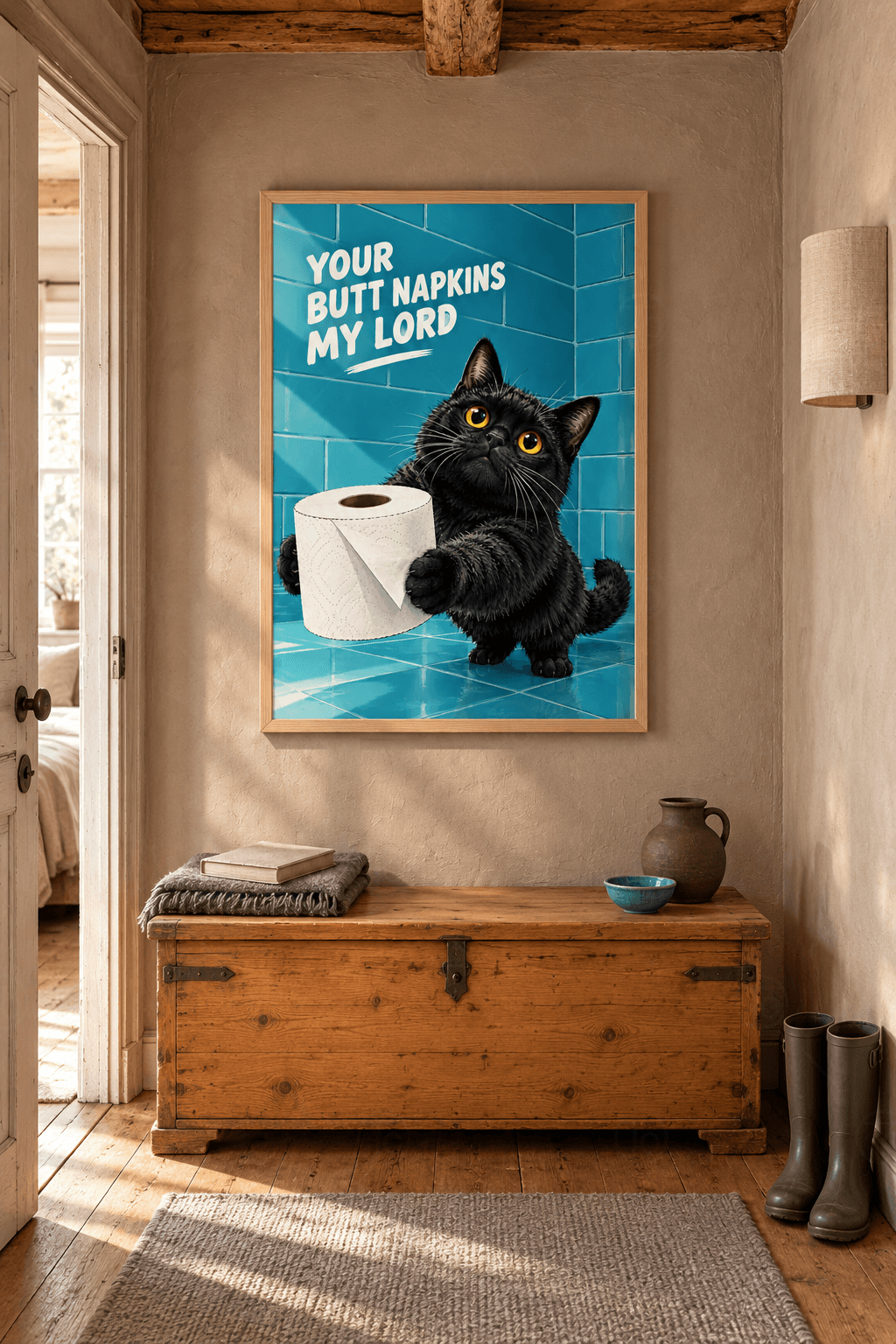 Ahşap çerçeveli banyo tablosu — turkuaz fayanslı banyoda iri sarı gözlü kara kedi, patilerinde büyük rulo tuvalet kâğıdı