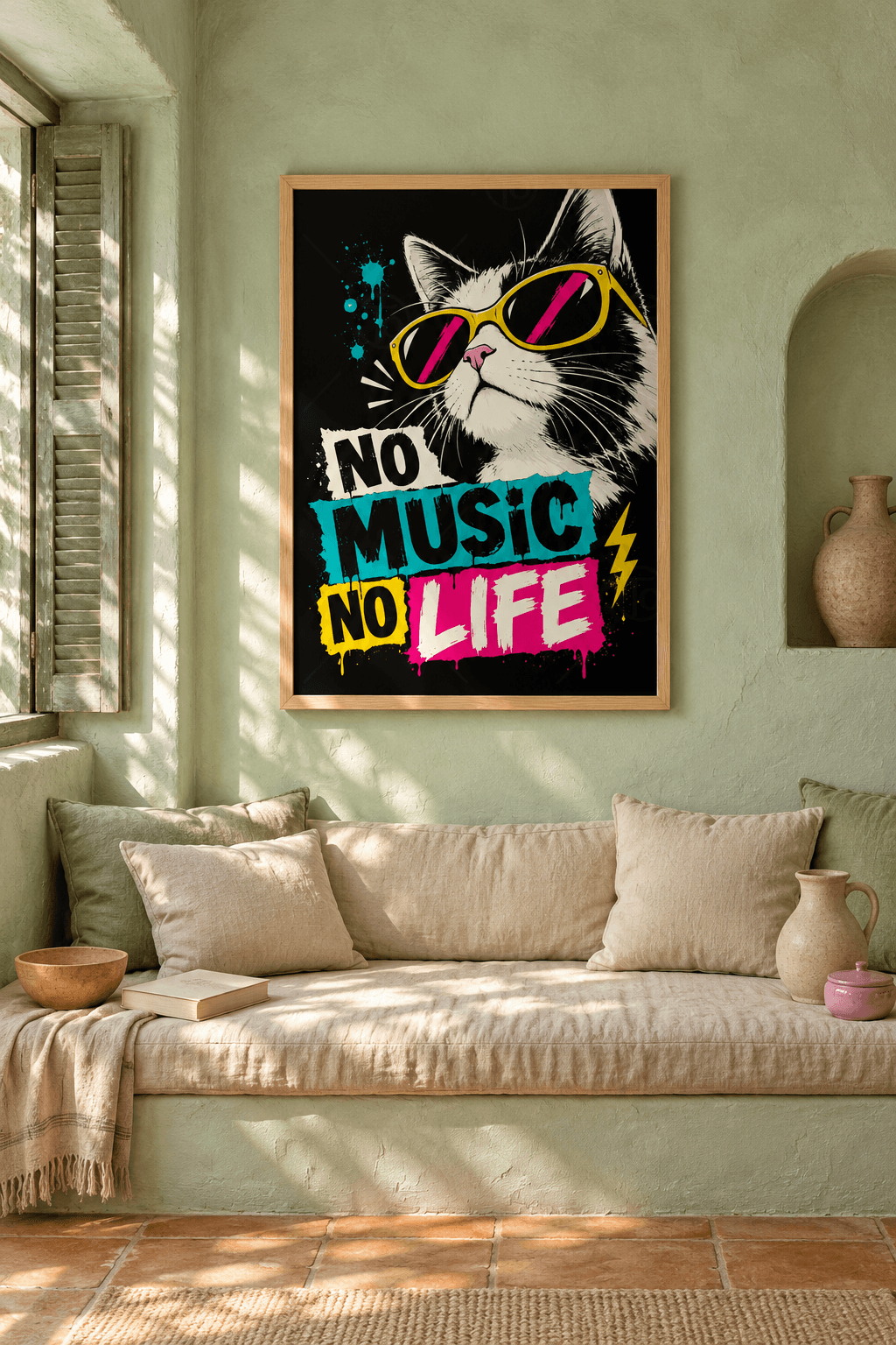 Ahşap çerçeveli No Music No Life tablosu — siyah zeminde sarı gözlüklü kedi ve turkuaz, sarı, pembe etiket kutulu harfler