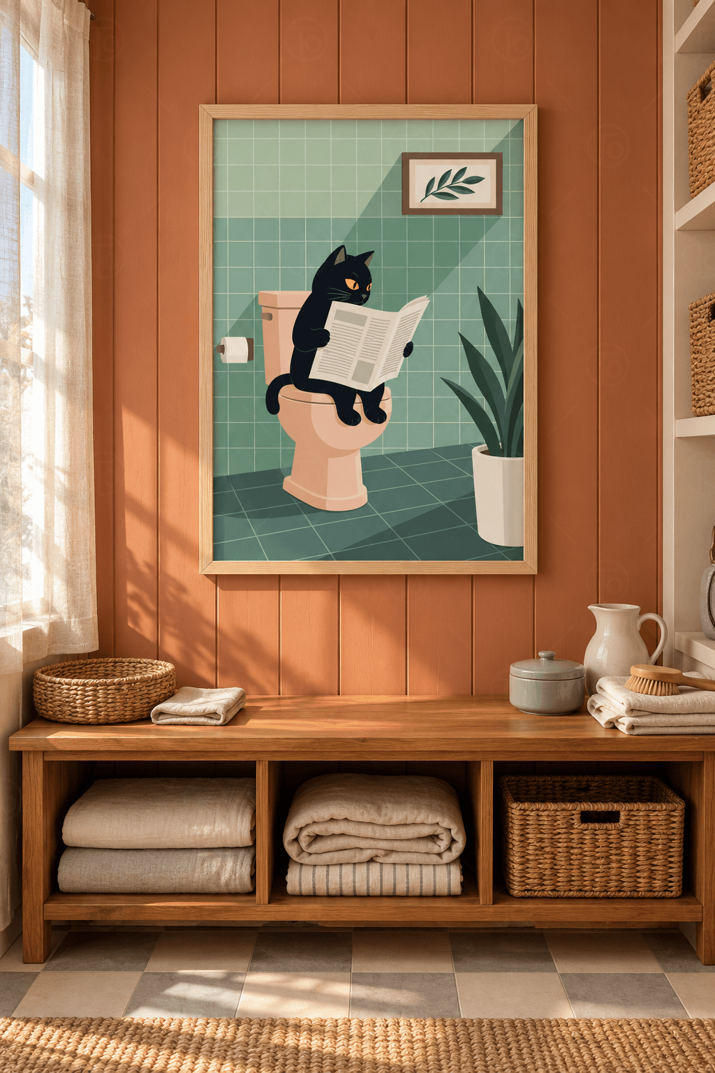 Ahşap çerçeveli kedili banyo tablosu — nane yeşili fayanslı banyoda pembe klozet üstünde gazete okuyan kara kedi
