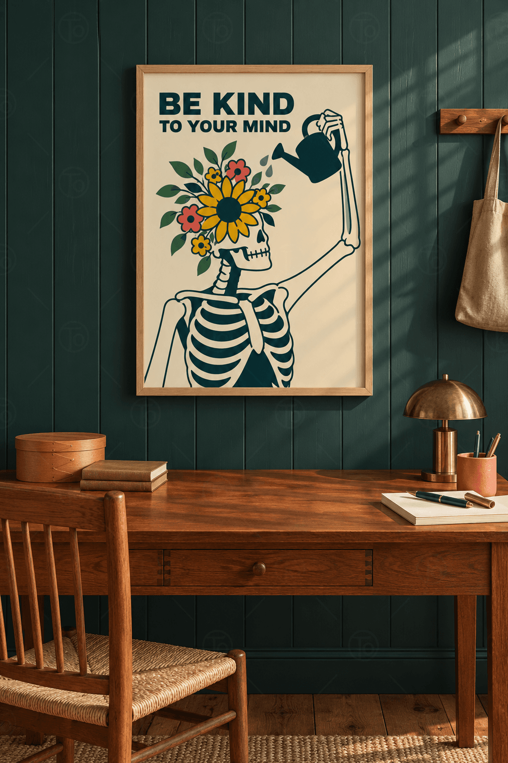 Ahşap çerçeveli tipografik tablo — krem zeminde kafatasındaki çiçekleri sulayan iskelet ve Be Kind to Your Mind yazısı