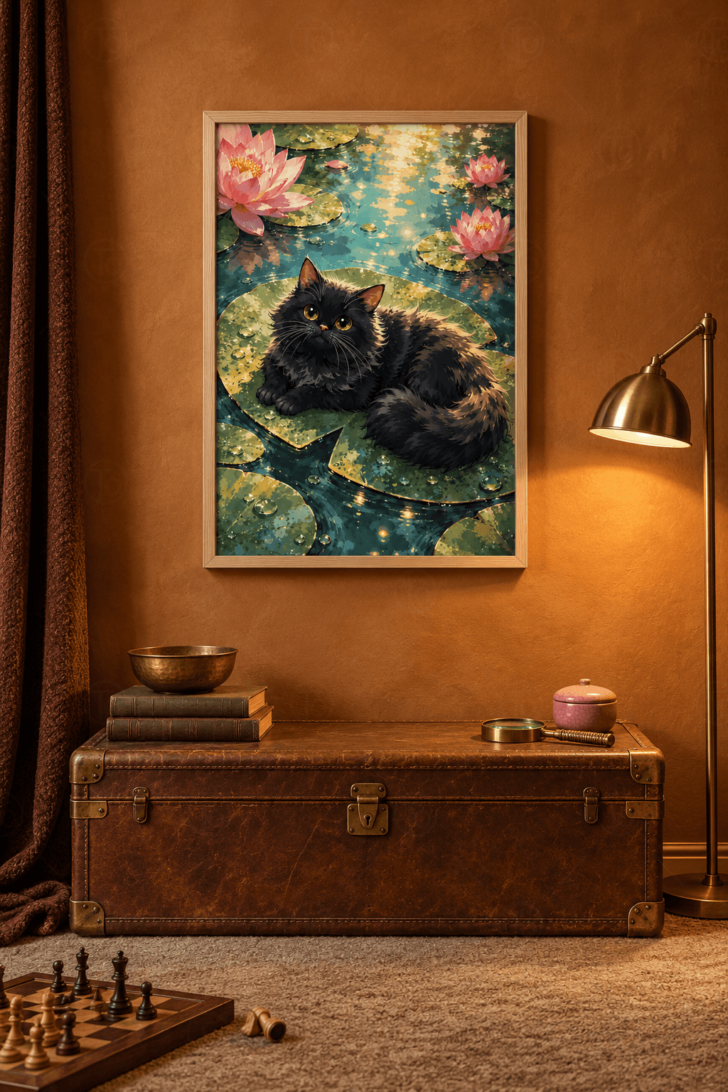 Ahşap çerçeveli kara kedi tablosu — damlalı nilüfer yaprağında uzanan uzun tüylü kara kedi, çevresinde üç pembe nilüfer
