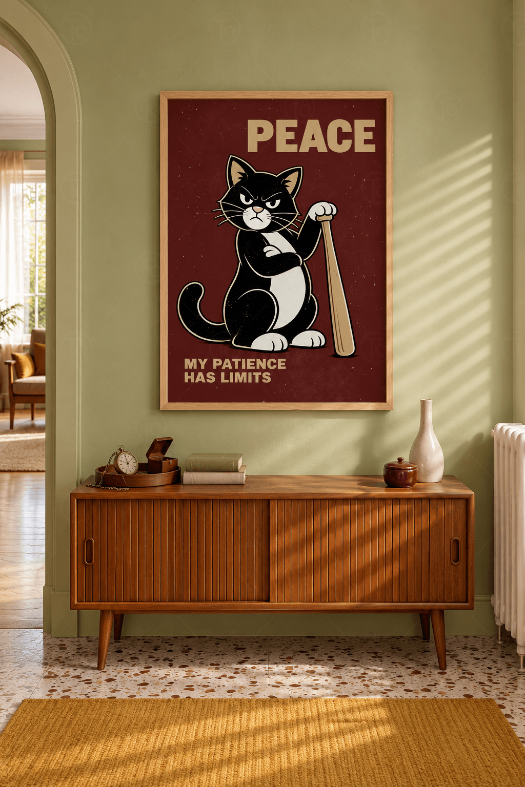 Ahşap çerçeveli kedi tablosu — bordo zeminde beyzbol sopasına patisini koyan kedi, PEACE ve MY PATIENCE HAS LIMITS