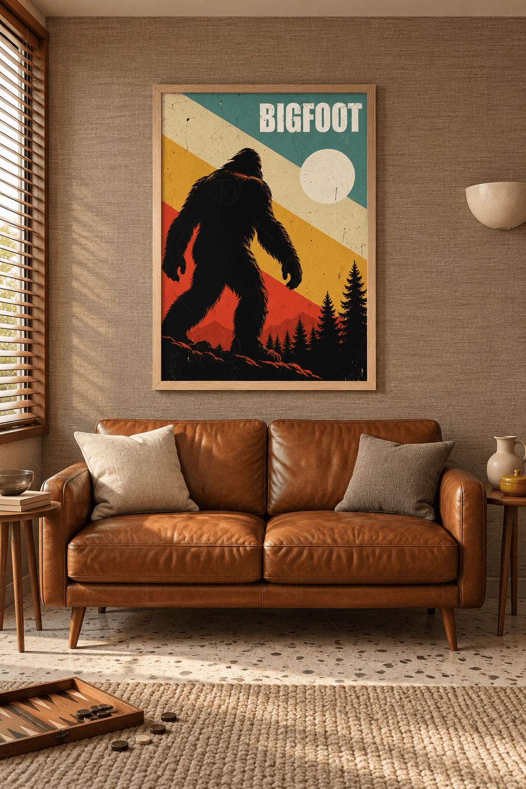 Ahşap çerçeveli Bigfoot tablosu — petrol, hardal ve kiremit çapraz şeritler önünde yamaçta yürüyen iri tüylü siluet