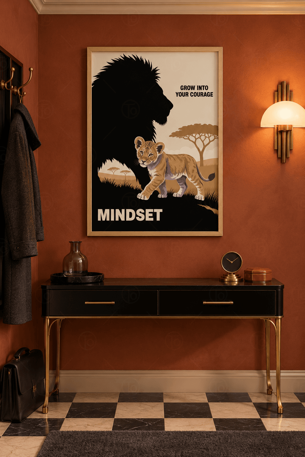 Ahşap çerçeveli motivasyon tablosu — krem savanda dev siyah aslan gölgesi önünde yürüyen yavru, GROW INTO YOUR COURAGE