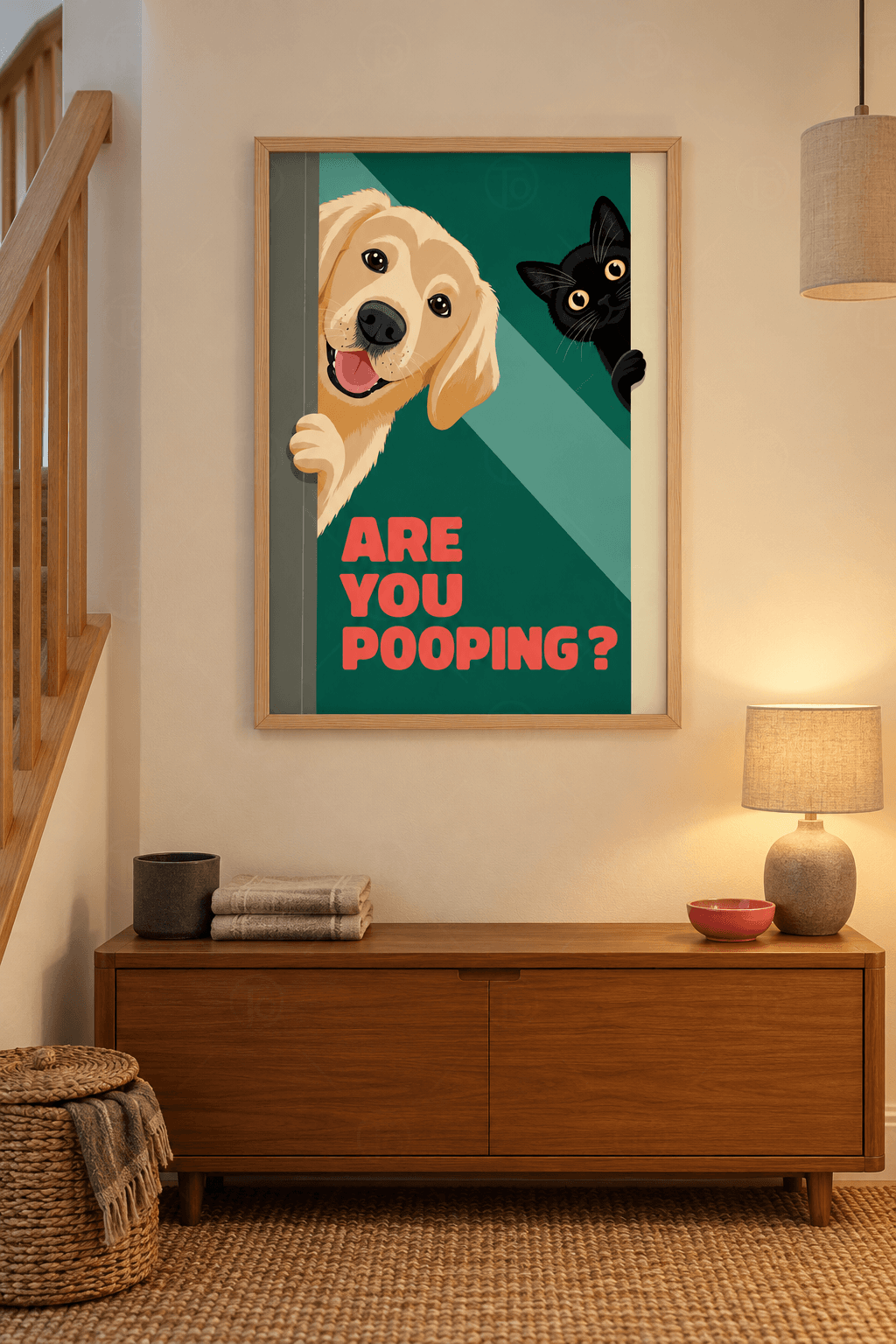 Ahşap çerçeveli banyo tablosu — koyu yeşil zeminde kapı kenarından bakan krem köpek yavrusu ve köşedeki kara kedi
