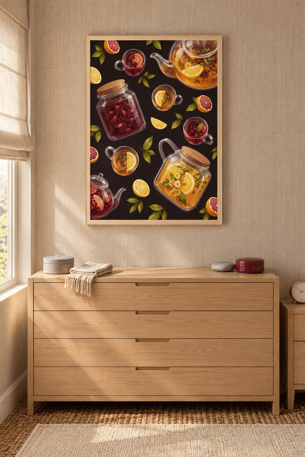 Ahşap çerçeveli çay deseni tablosu — koyu zeminde hibiskus kavanozu, limonlu cam demlikler, fincanlar ve kan portakalları