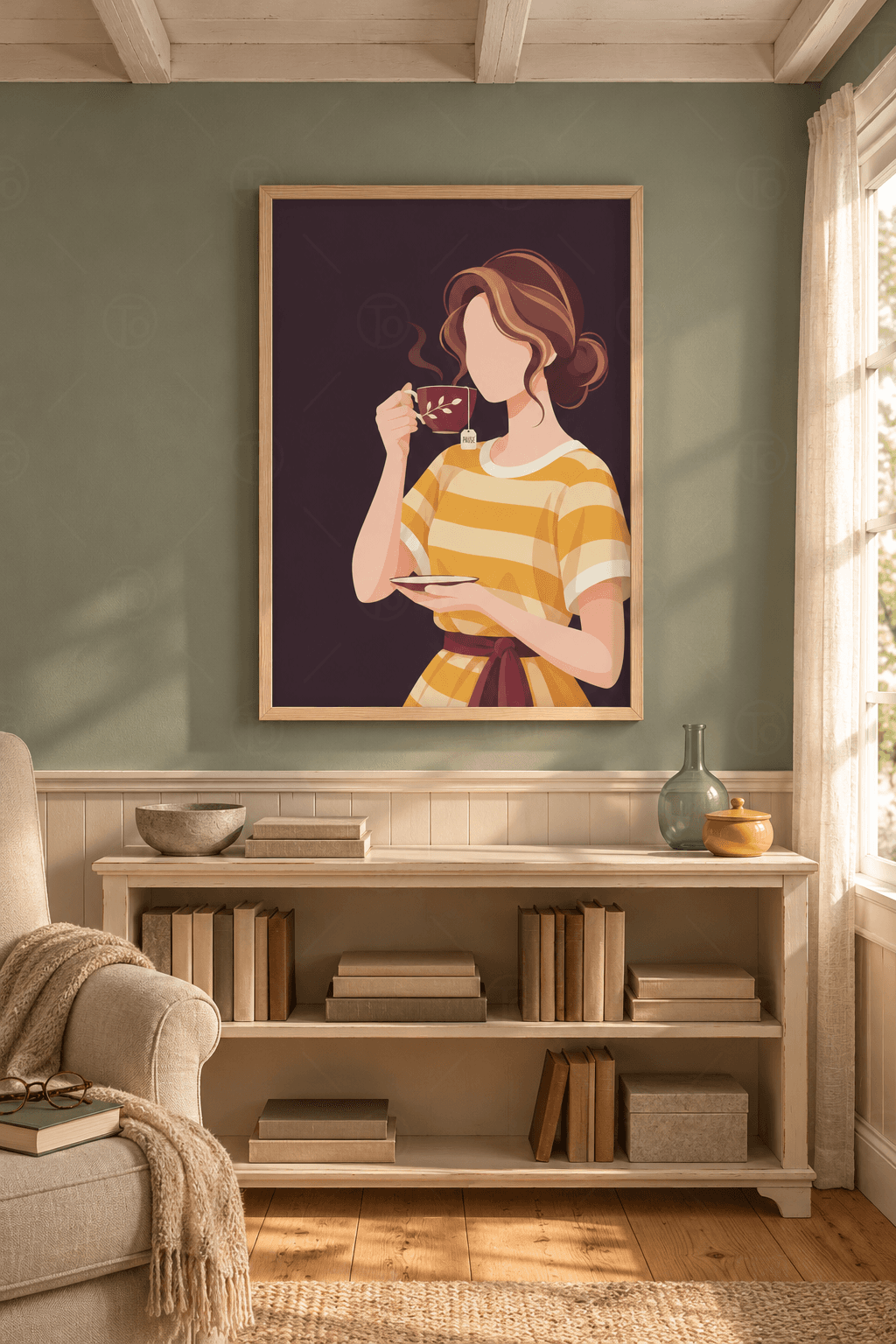 Ahşap çerçeveli çay molası tablosu — mürdüm zeminde çizgili bluzlu kadın, bordo fincan, tabak ve Pause etiketli poşet