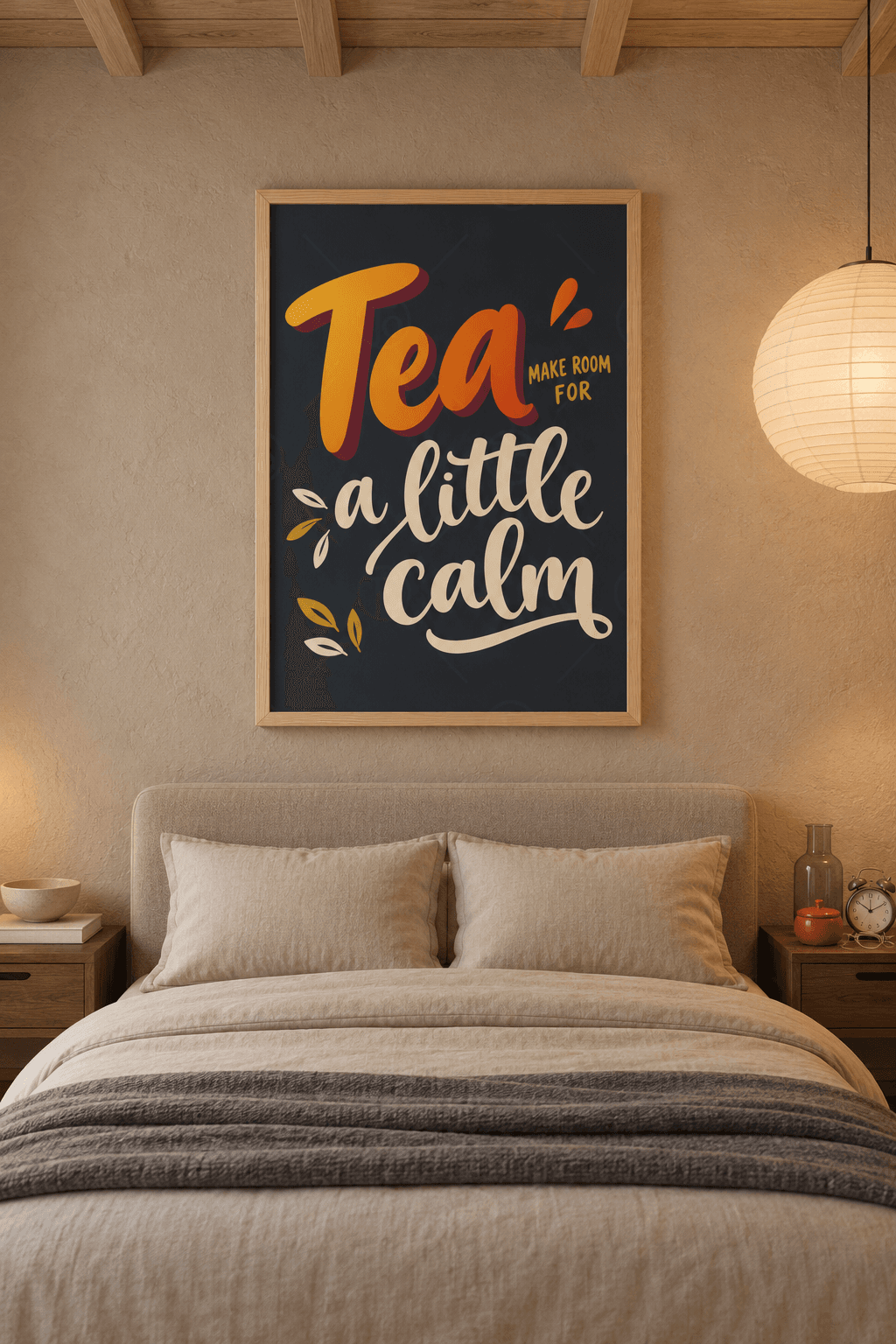 Ahşap çerçeveli tipografik çay tablosu — koyu lacivert zeminde turuncu Tea, krem a little calm yazısı ve hardal yapraklar