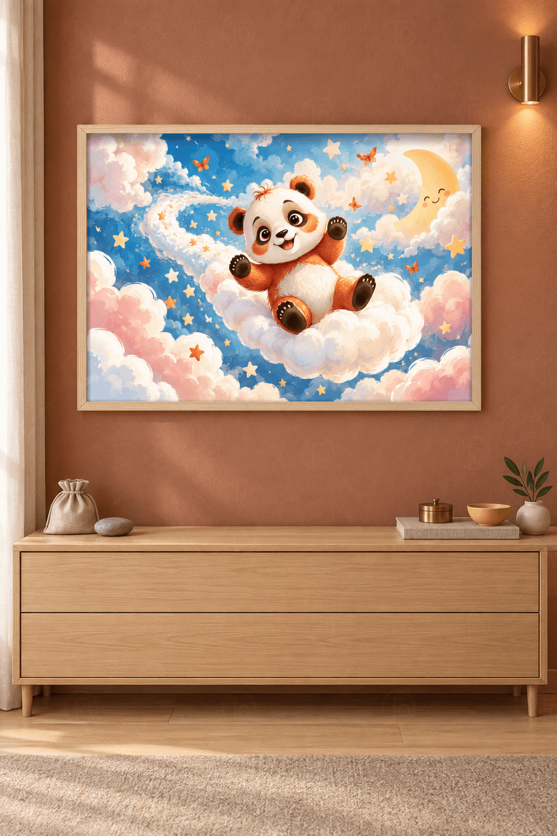 Ahşap çerçeveli panda tablosu — mavi gökte bulutta oturan panda yavrusu, kelebekler, yıldızlar ve hilal