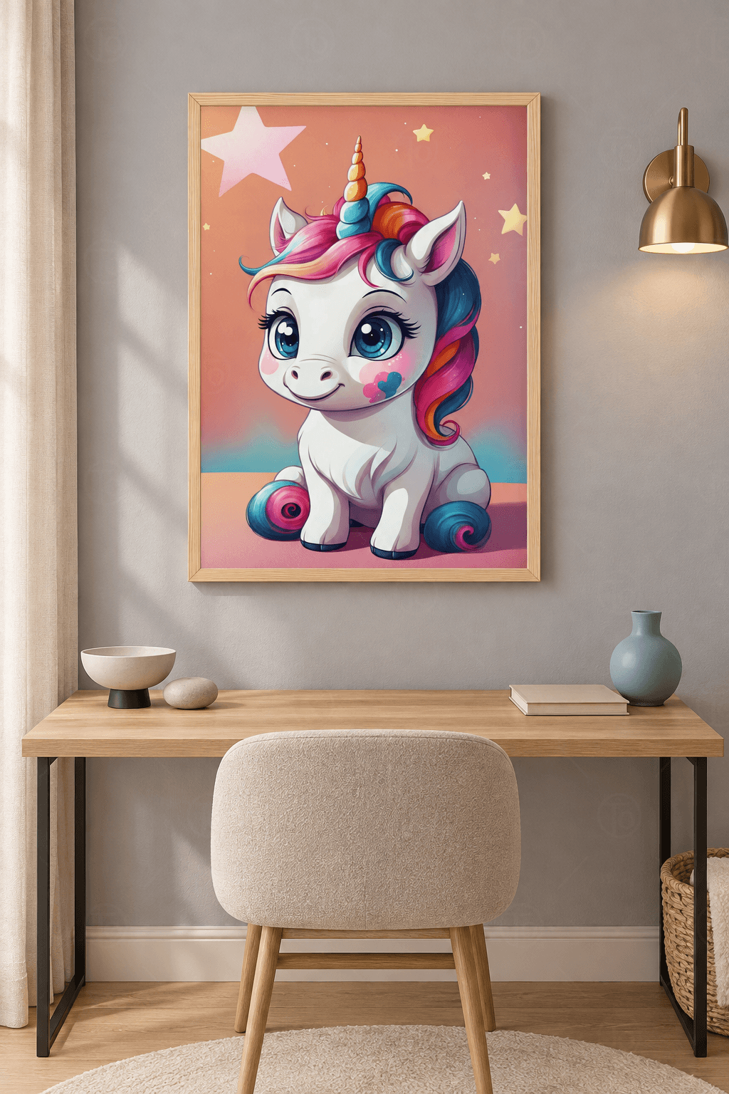 Ahşap çerçeveli unicorn tablosu — mercan zeminde oturan beyaz unicorn yavrusu ve gökkuşağı renkli yele