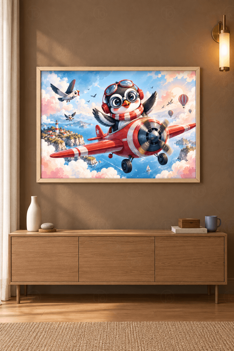 Ahşap çerçeveli pilot penguen tablosu — kırmızı beyaz uçakta gözlüklü penguen, deniz feneri ve martılar
