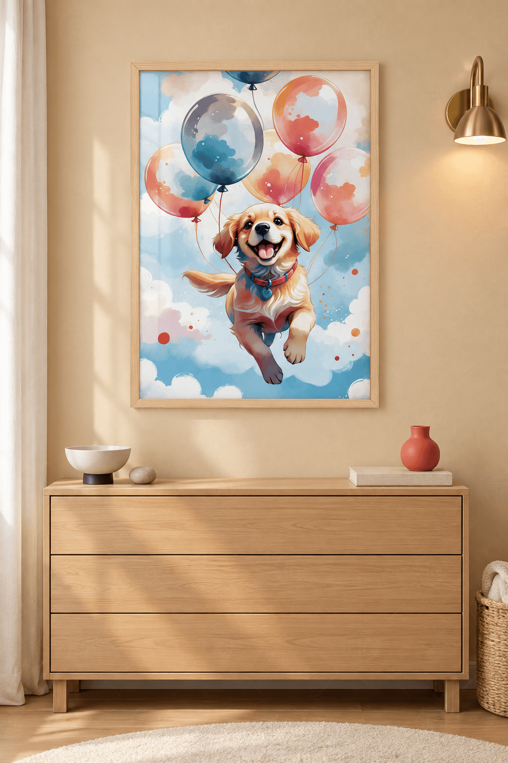 Ahşap çerçeveli çocuk odası tablosu — mavi gökte koşan kırmızı tasmalı golden retriever yavrusu ve renkli balonlar