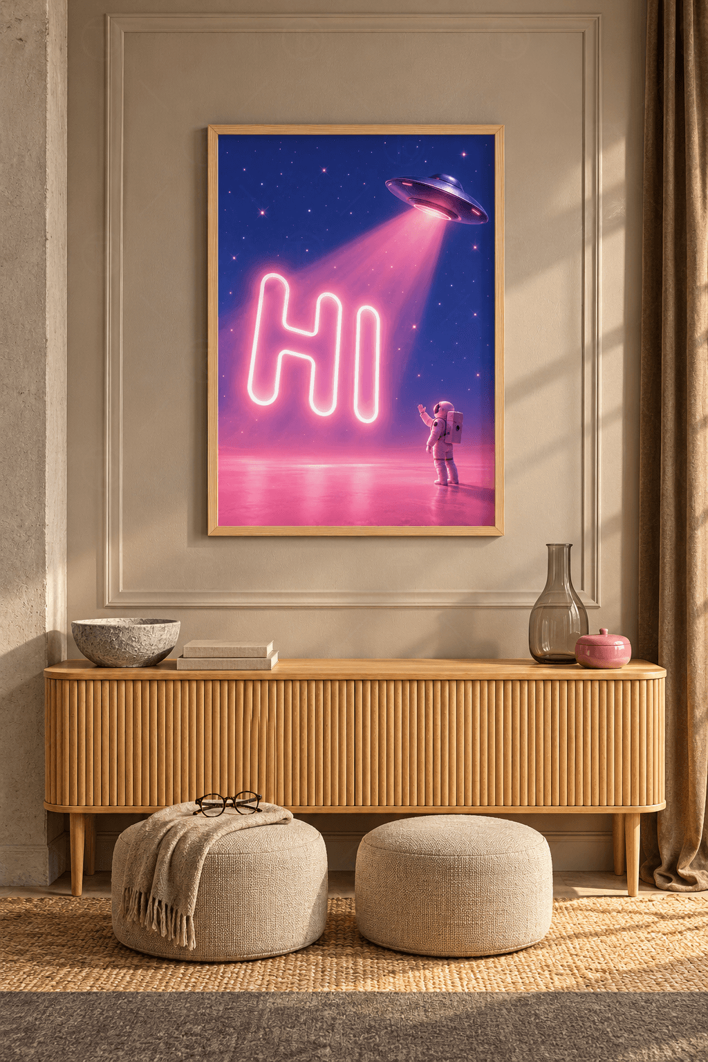 Ahşap çerçeveli neon uzay tablosu — pembe neon HI harfleri, ışık huzmesi gönderen uçan daire ve el sallayan beyaz astronot