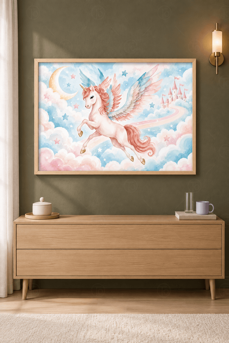 Ahşap çerçeveli unicorn tablosu — pastel bulutlarda uçan kanatlı beyaz at, şato ve gökkuşağı