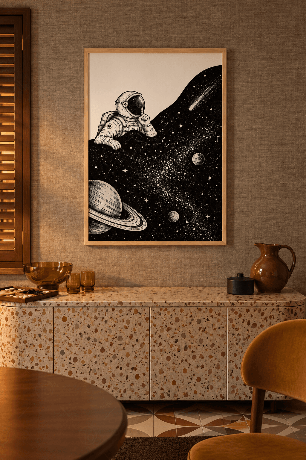 Ahşap çerçeveli astronot tablosu — yıldızlı siyah uzay dalgasının kenarında sus işareti yapan astronot ve halkalı gezegen